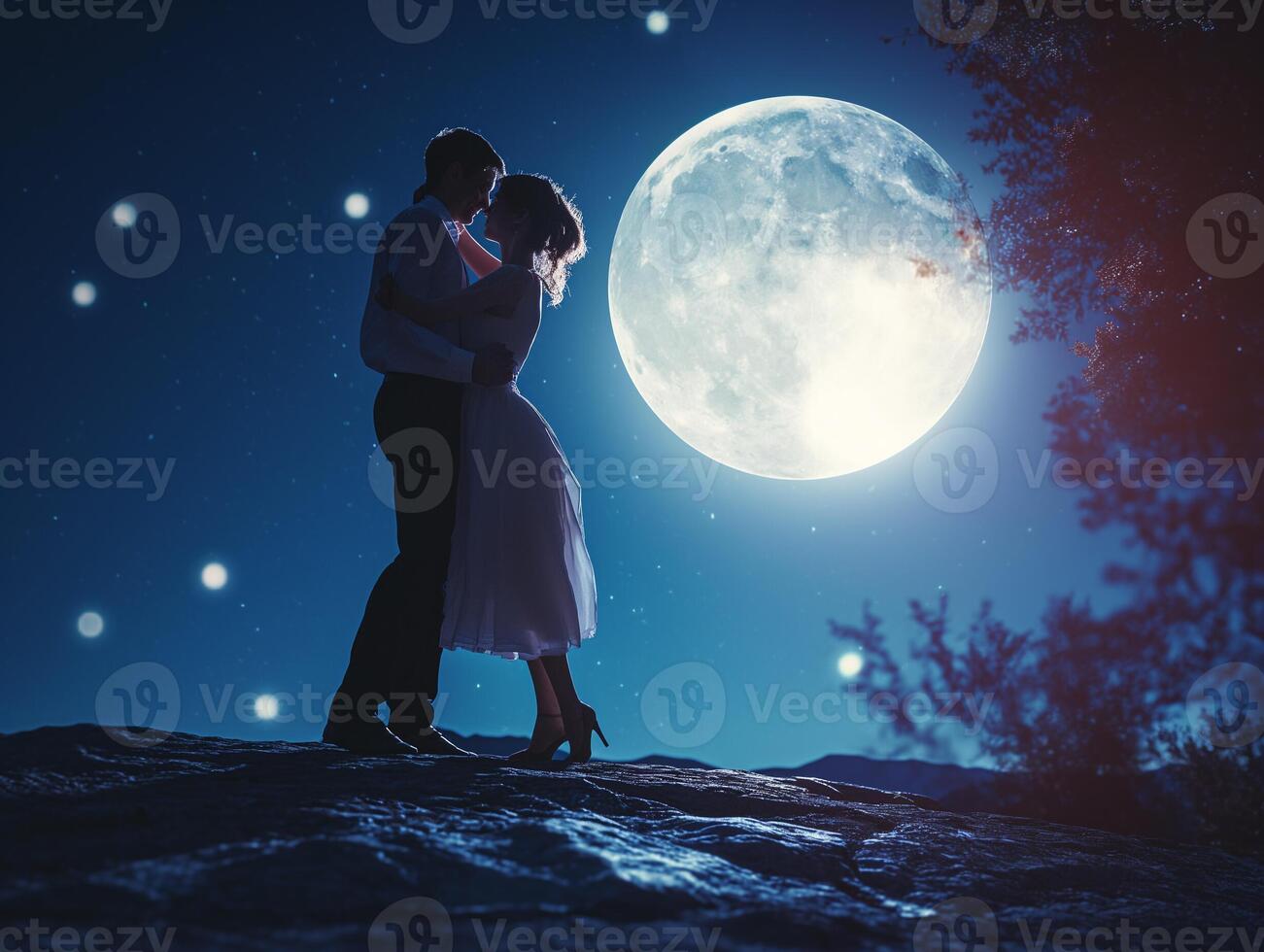 ai generado el oferta momento de un Pareja bailando debajo el luz de la luna en San Valentín día foto