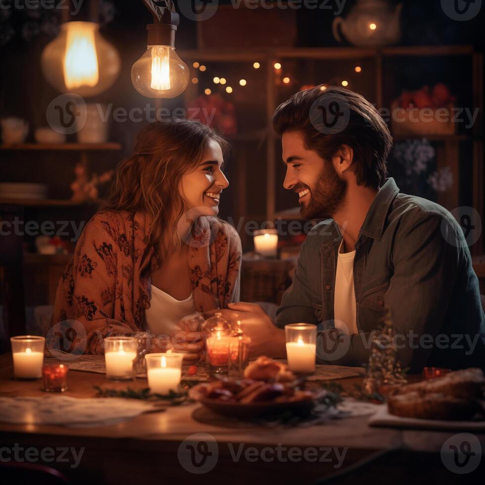 ai generado un Pareja sentado a un hermosa comida mesa con ardiente velas y delicioso comida en San Valentín noche foto