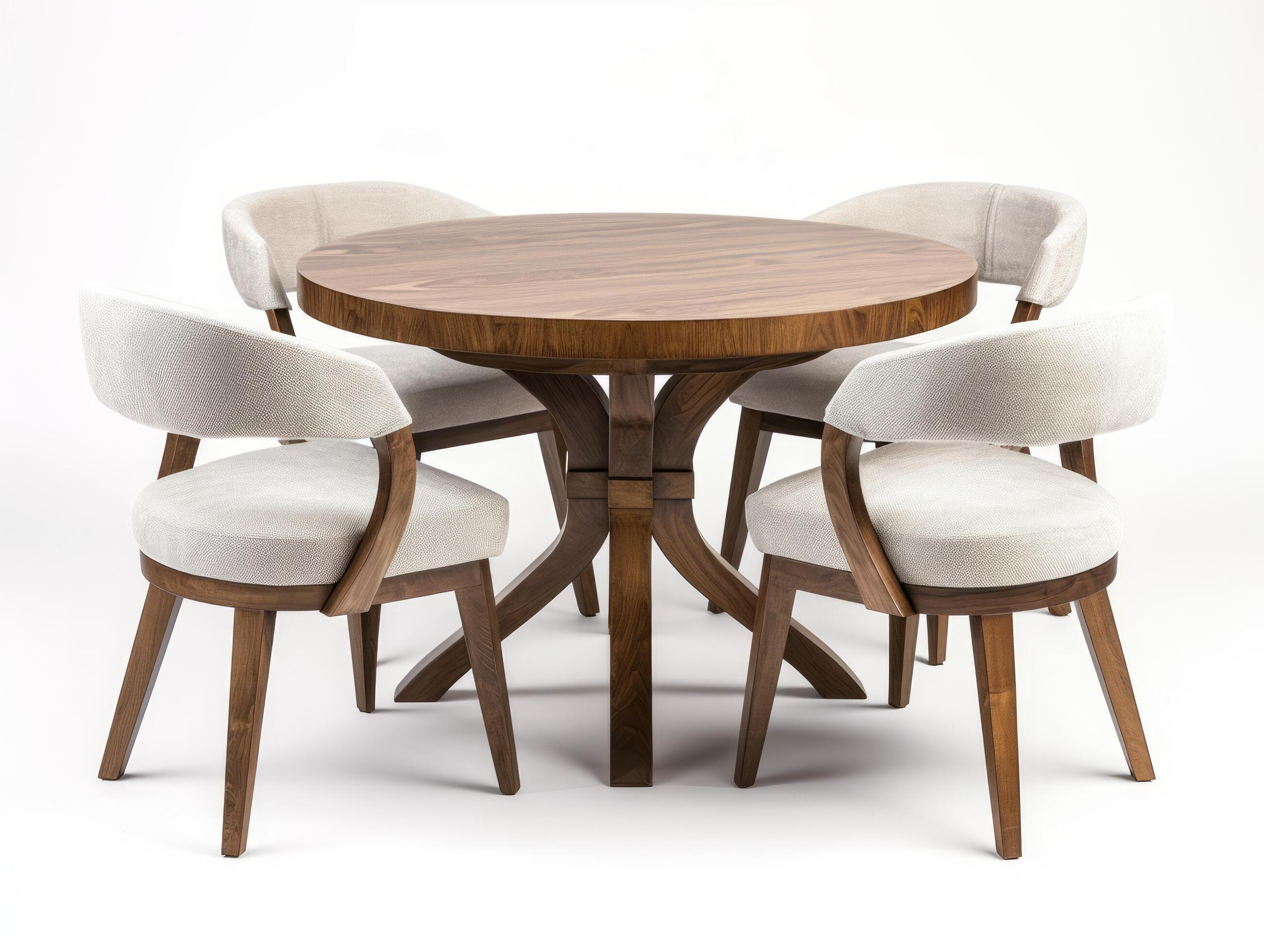 AI generated Wooden round dining table with four white chairs. Modern ...
