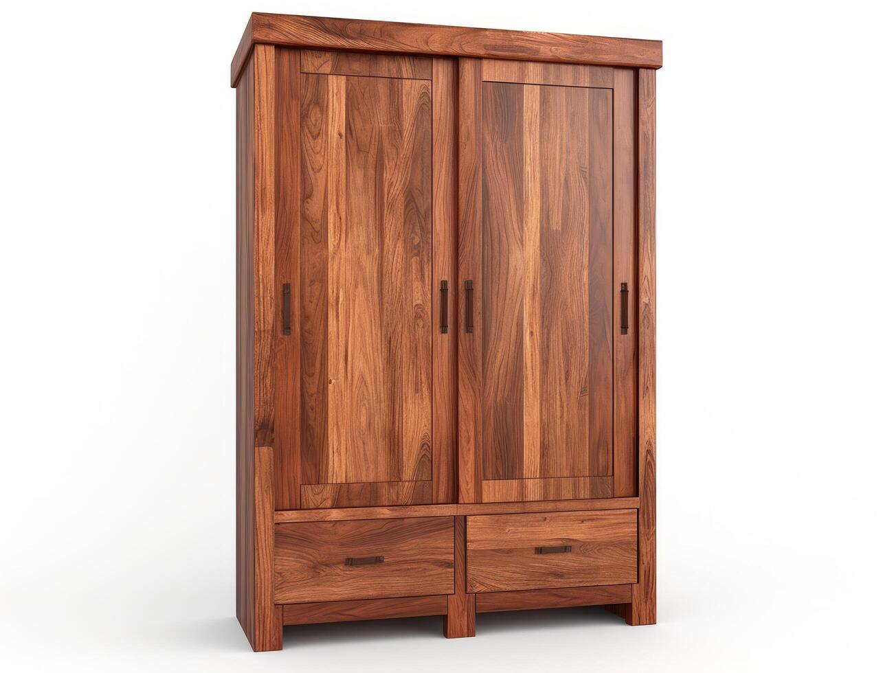 AI generated Two views of wodden wardrobe with closed sliding doors isolated on white background. photo