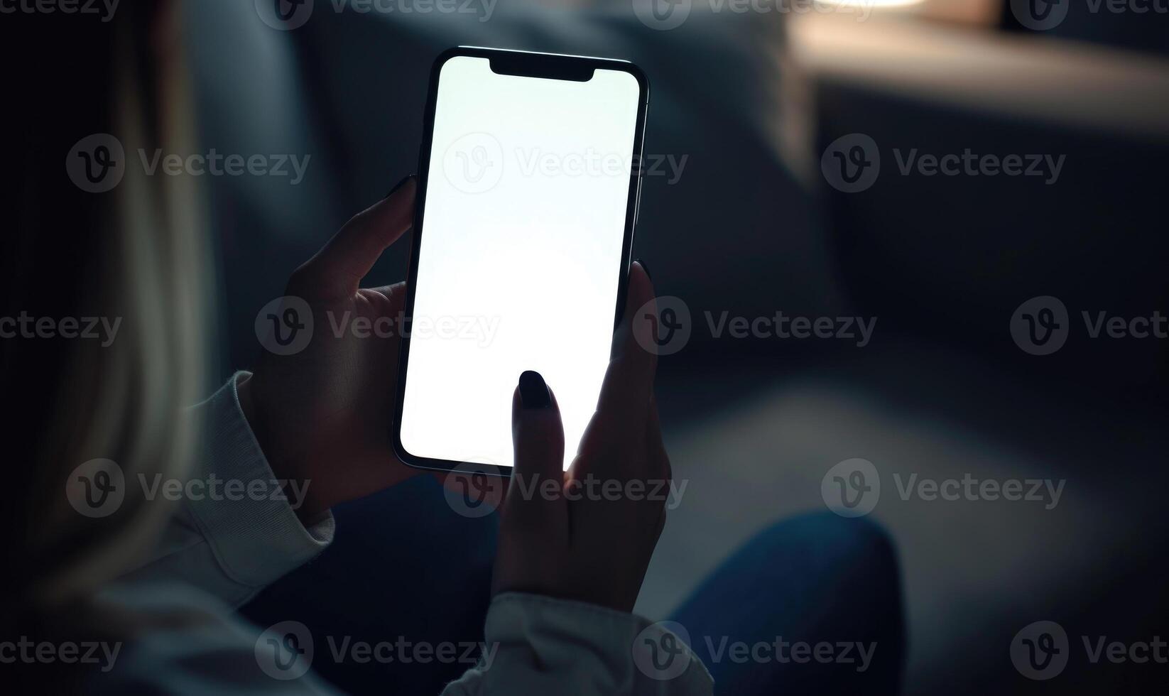 AI generated Close up of a woman holding a smartphone with a blank screen. photo
