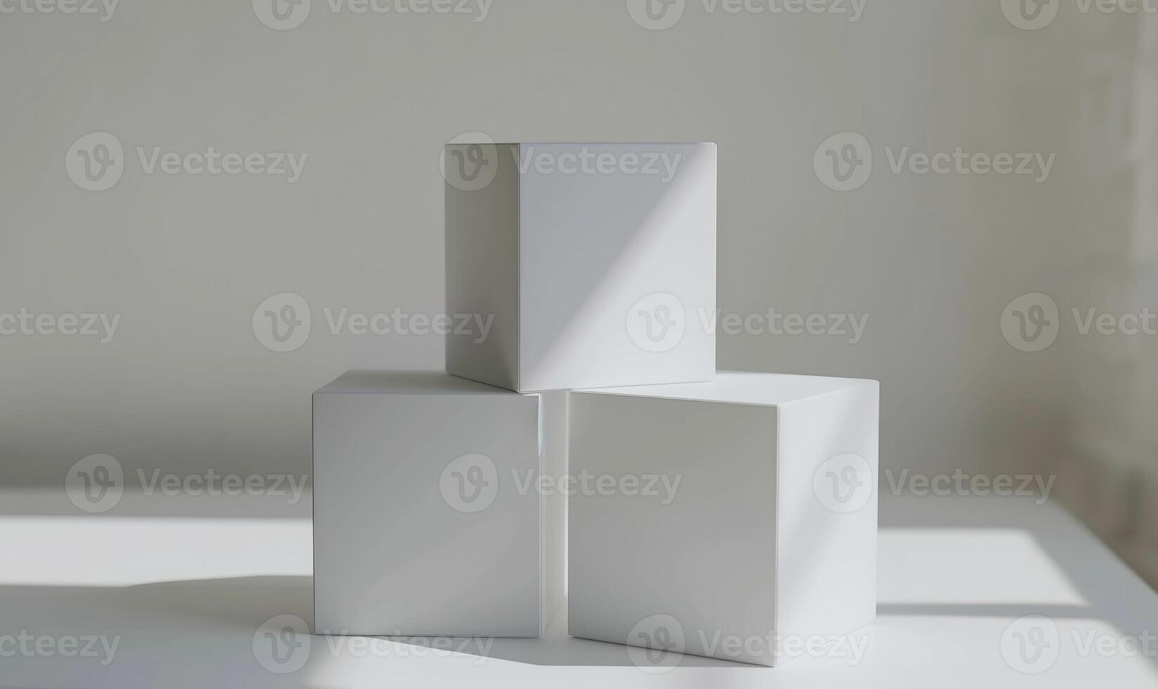 AI generated Stack of cardboard boxes in white room with sunlight. Space for text. Box mockup on white photo