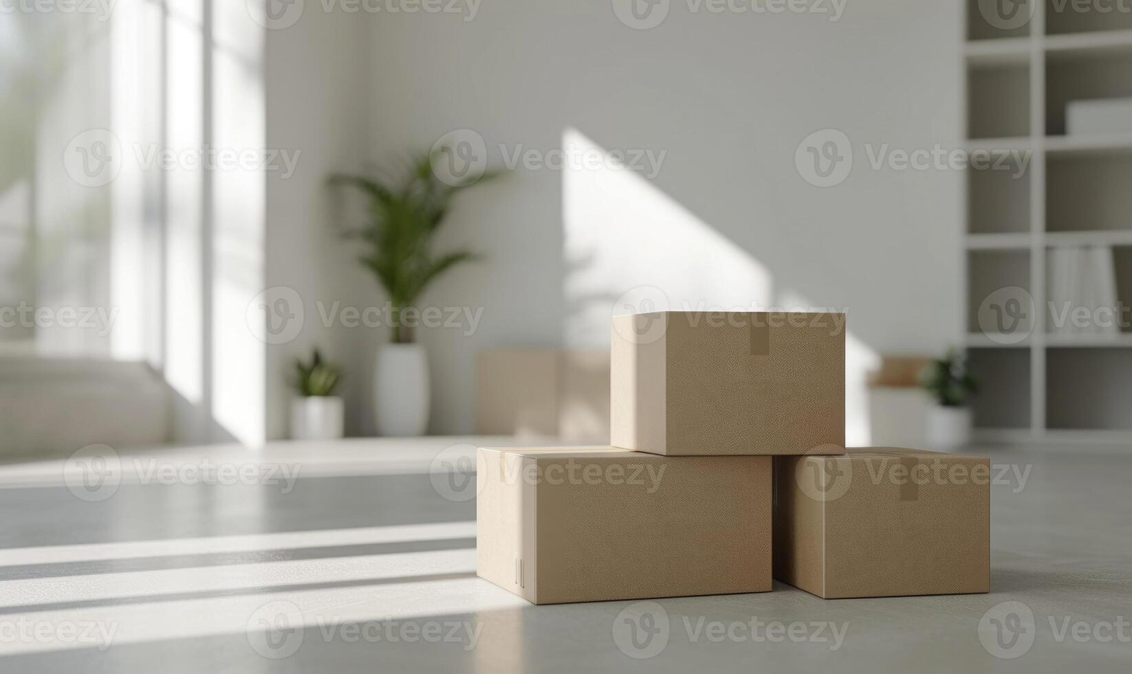 AI generated Stack of cardboard boxes in white room with sunlight. Space for text. Box mockup on white photo