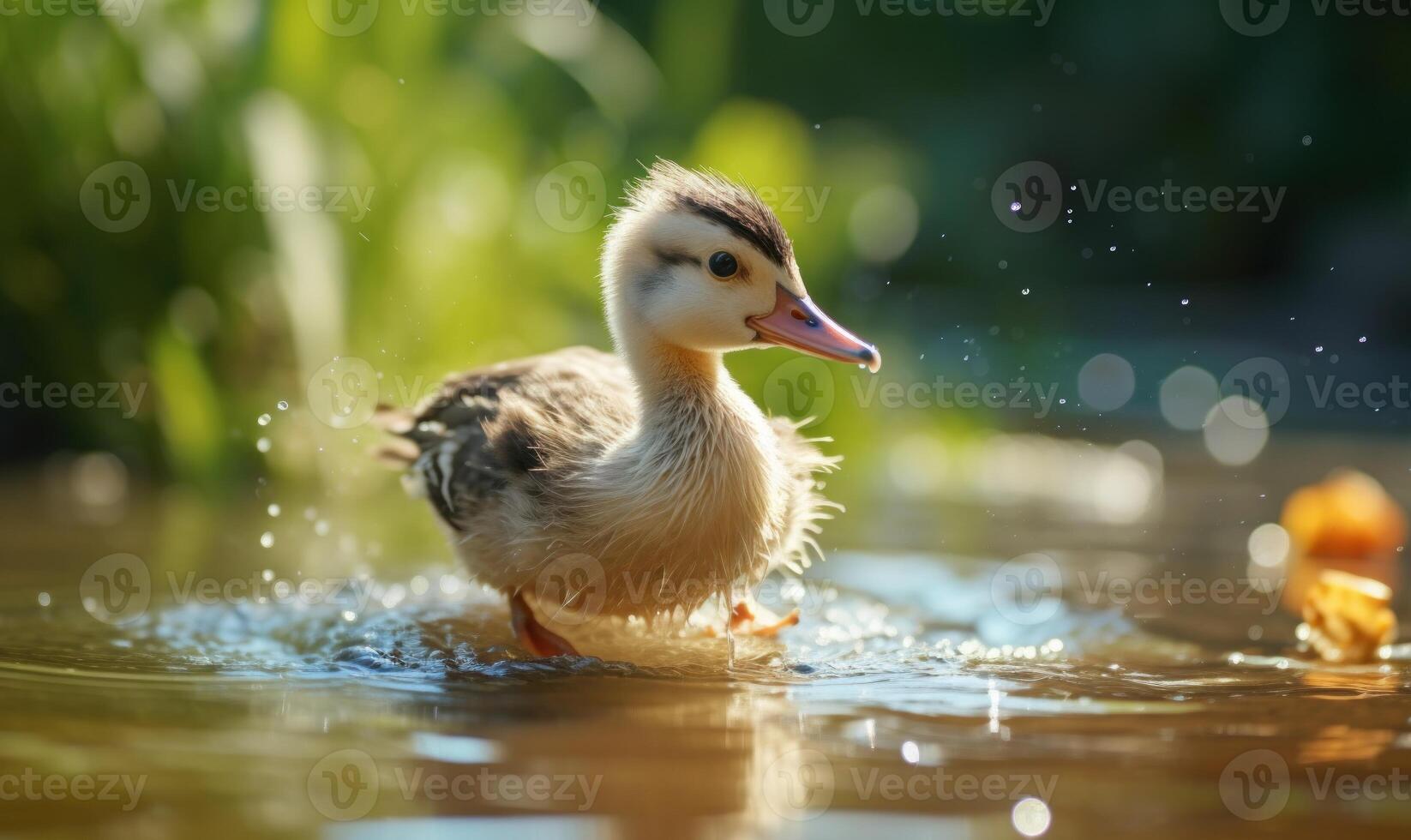 ai generado pequeño anadón nadando en el agua en un soleado verano día. foto