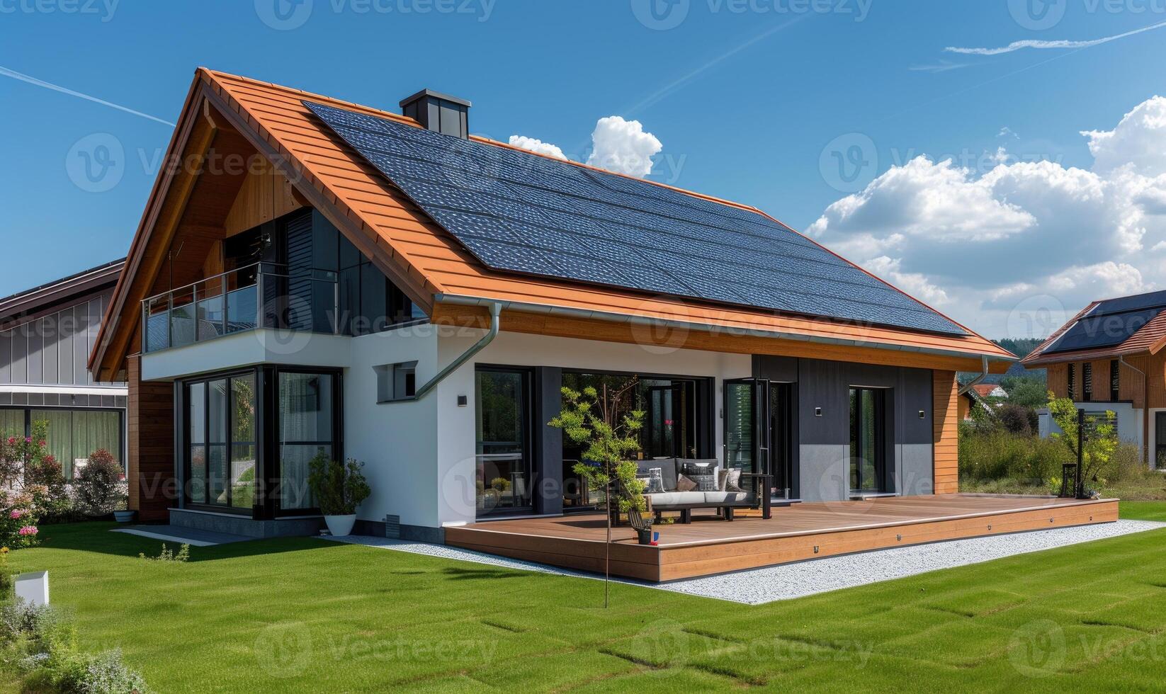 AI generated Modern house with solar panels installed on the roof. Modern house with solar panels installed on the roof. photo