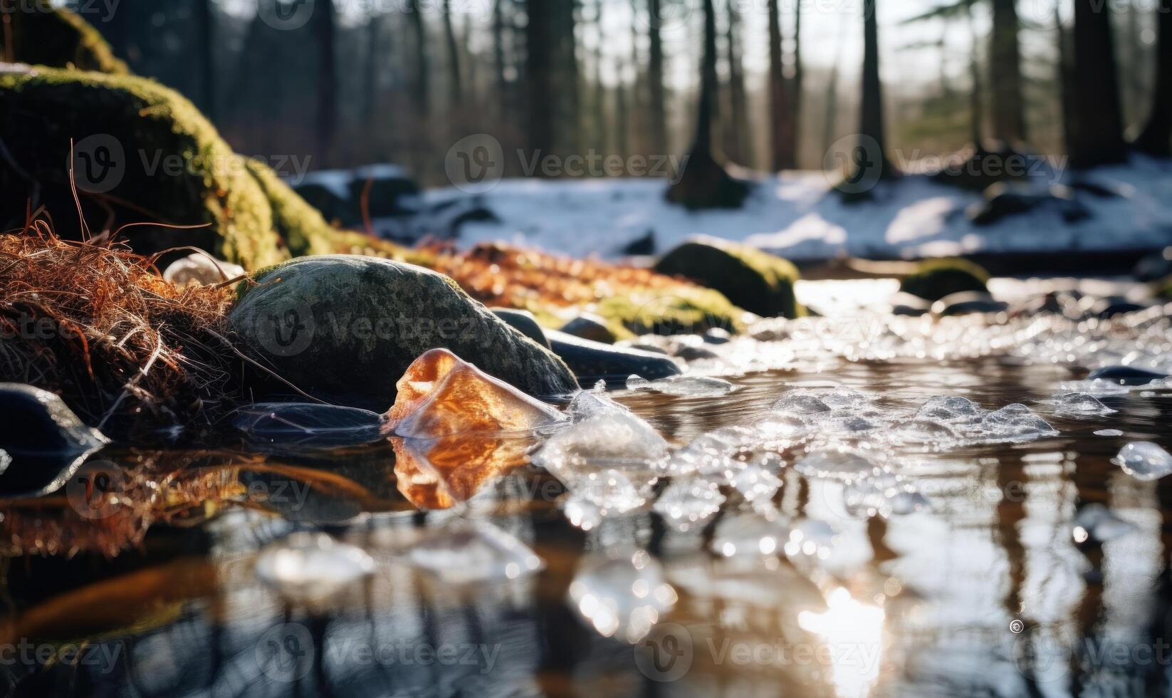 AI generated Fallen leaves in the ice on the river in the winter forest photo