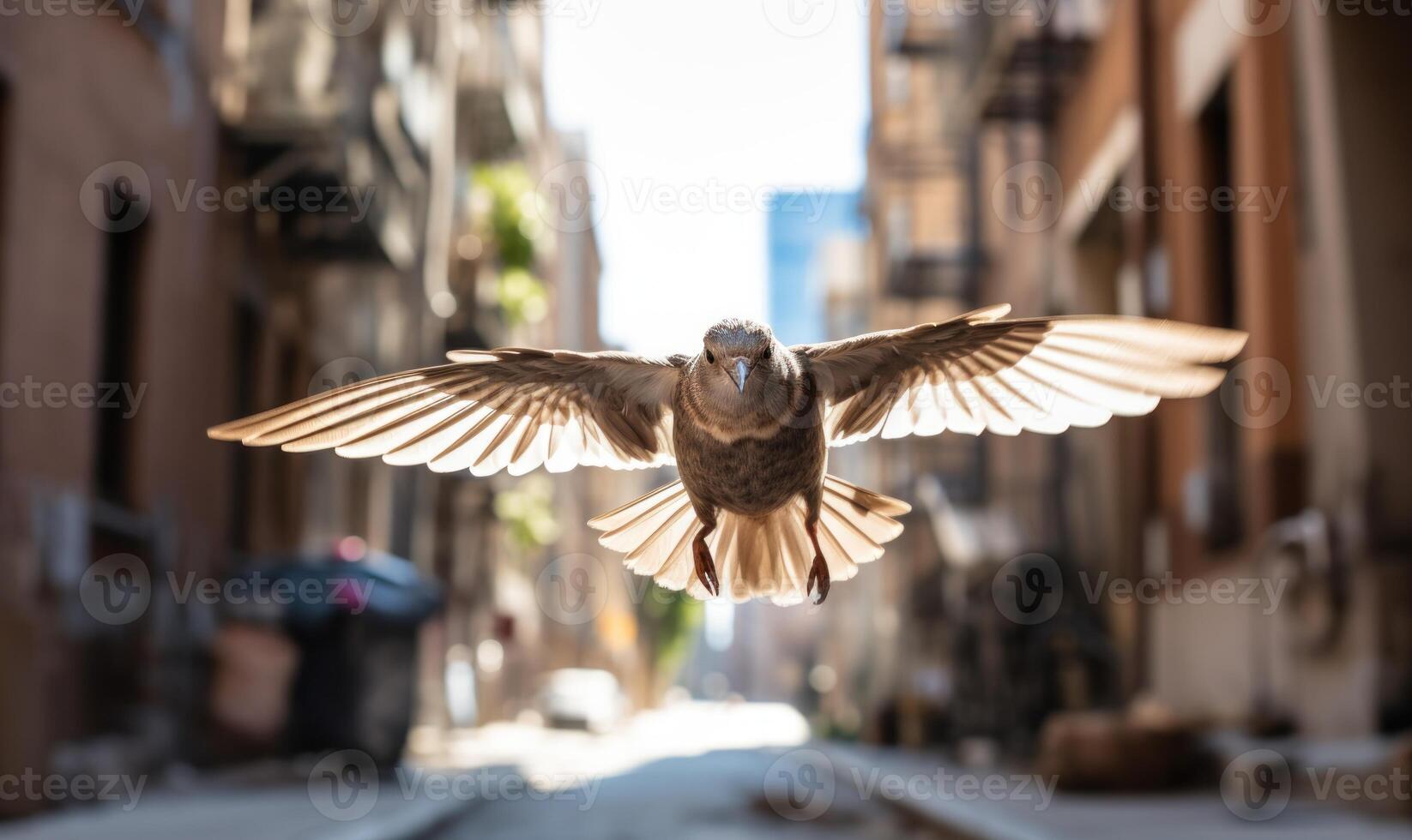 ai generado un gorrión moscas en el aire en un antecedentes de edificios foto