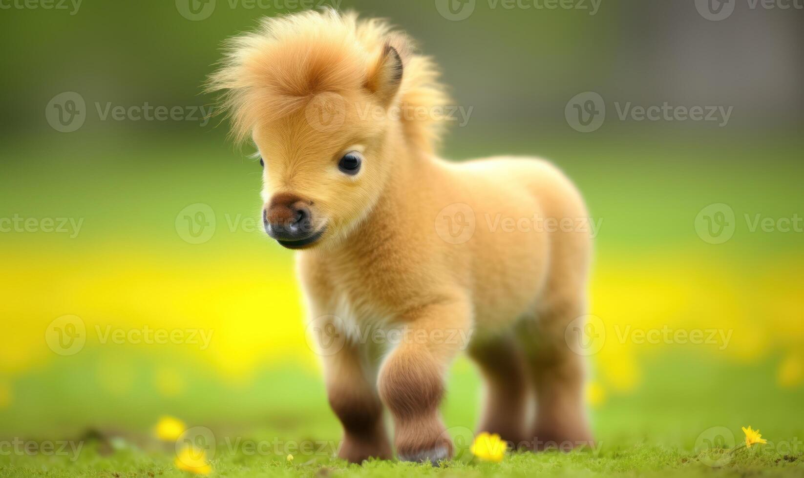 ai generado pequeño poni potro jugar en un prado con amarillo flores foto