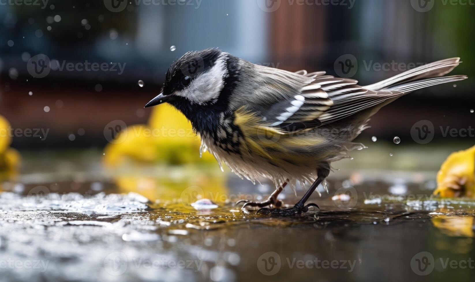 AI generated Great tit Parus major in a puddle after the rain photo