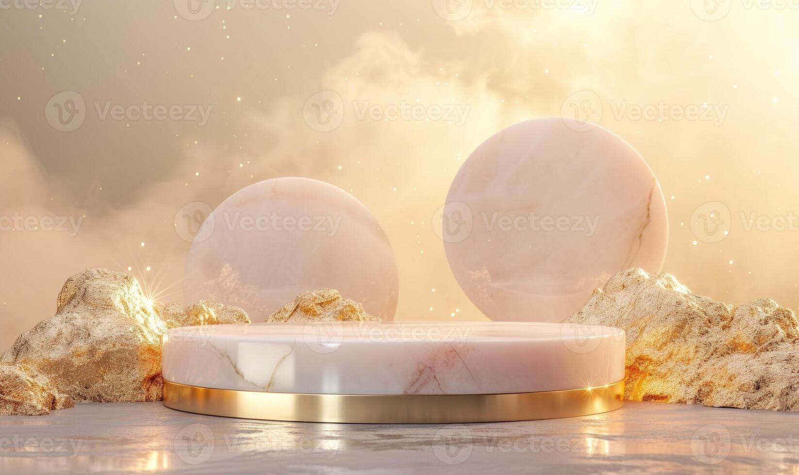 AI generated Podium for product presentation with copy space. Abstract background for advertising. White marble podium with gold decoration and pink quartz spheres. photo