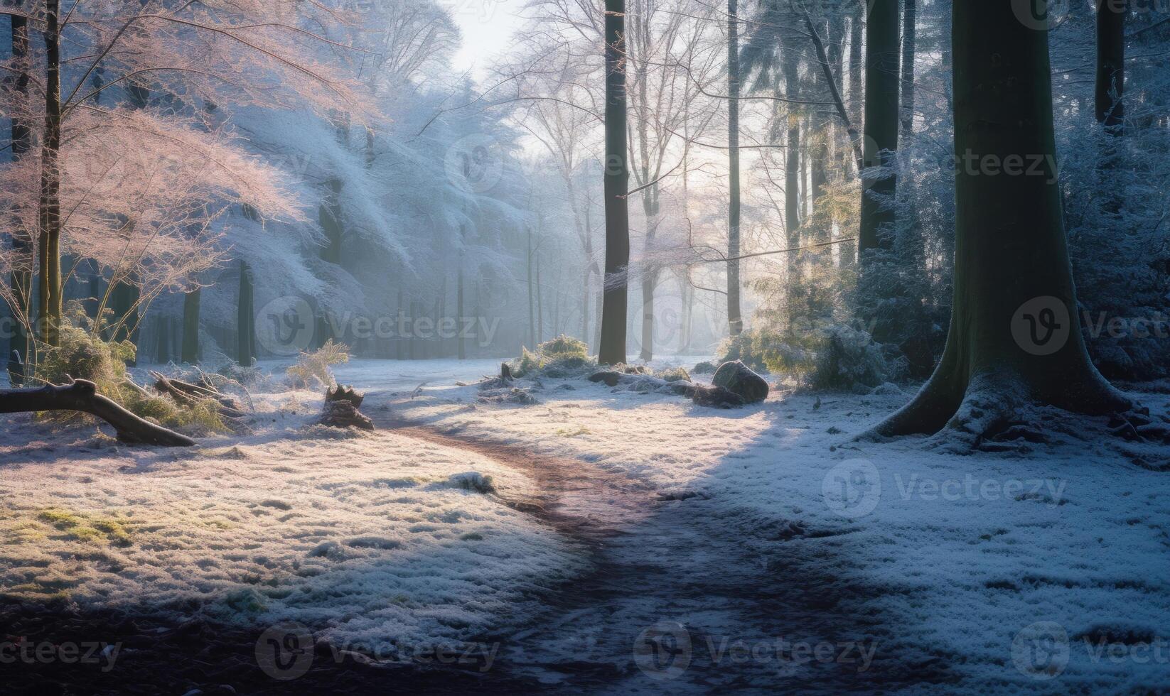 ai generado Nevado invierno bosque. invierno bosque con arboles cubierto con nieve. foto