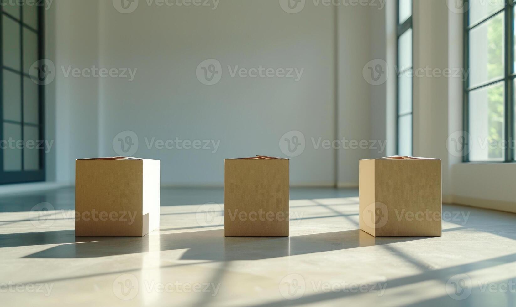 AI generated Cardboard boxes on the floor in modern room. Mockup. Delivery concept background. photo