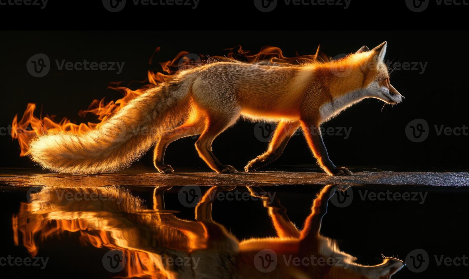 AI generated Fiery fox on a black background. Fire in the dark. Fantasy animal, fire element. photo