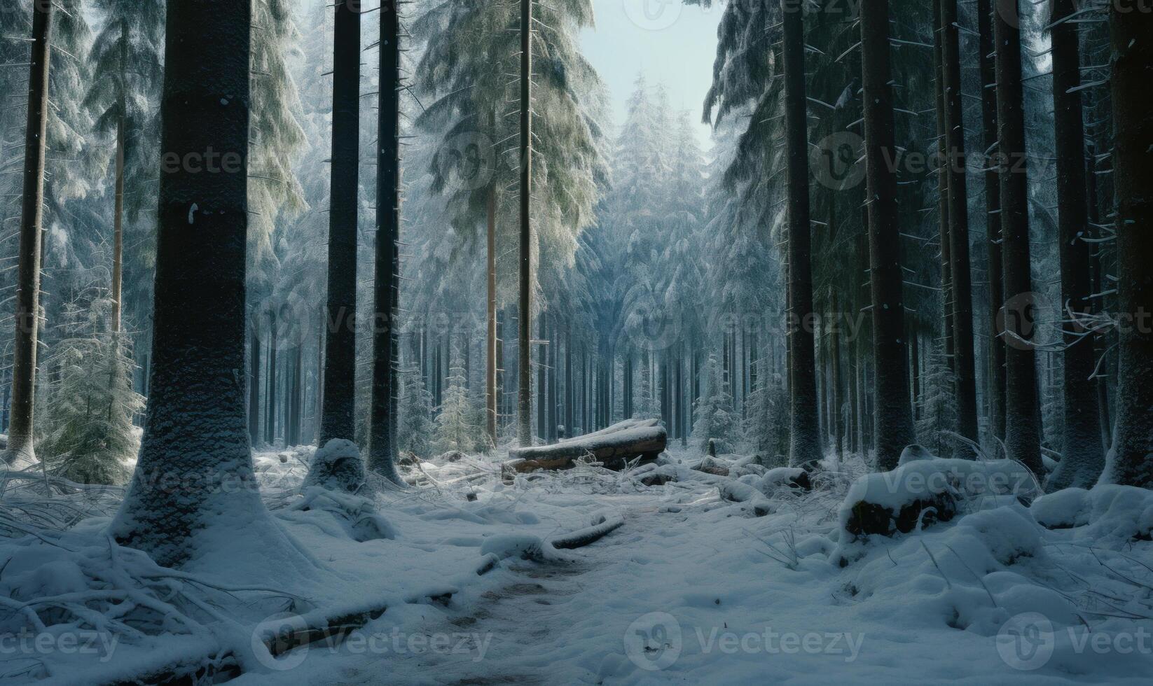 ai generado Nevado invierno bosque. invierno bosque con arboles cubierto con nieve. foto