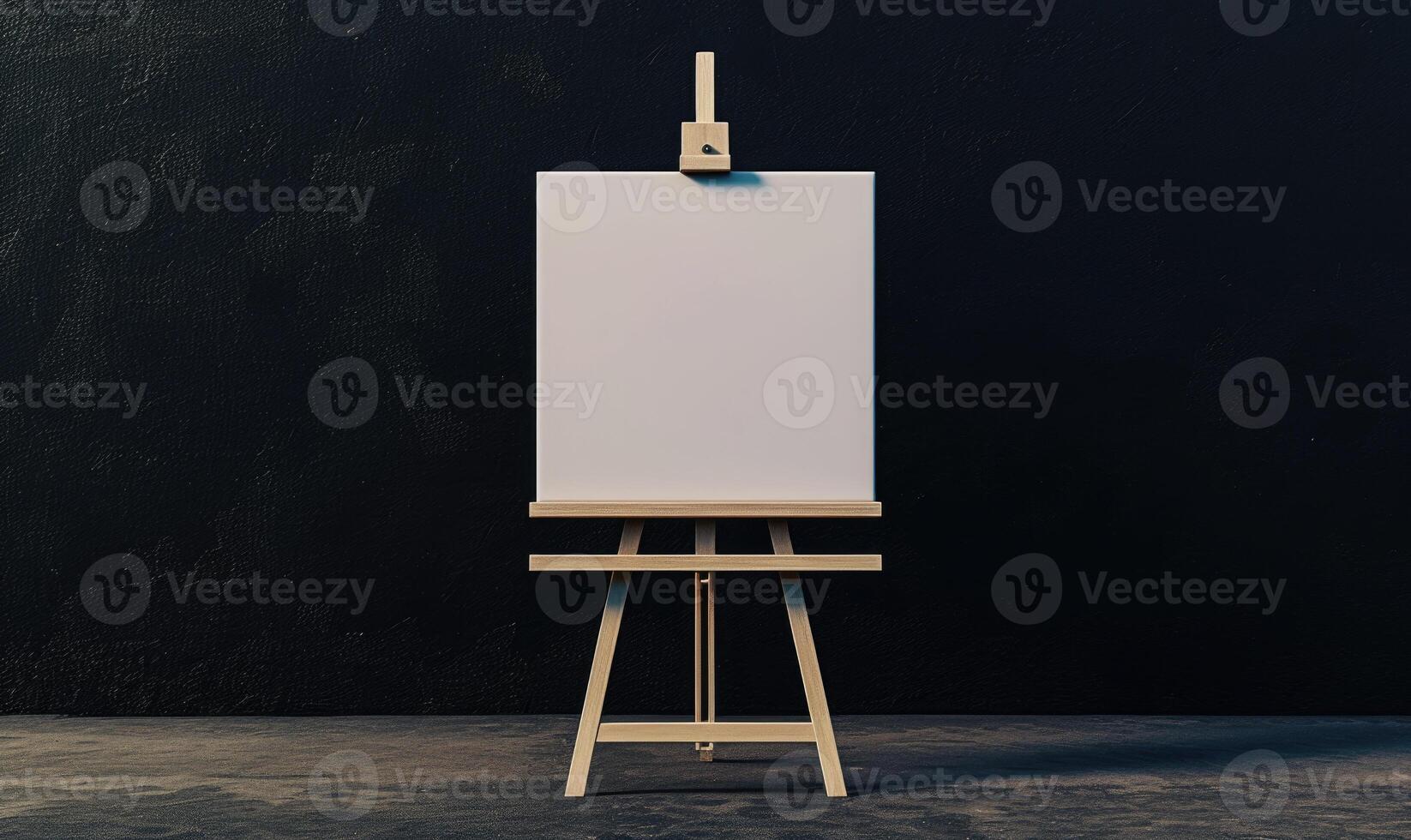 AI generated Easel with blank canvas standing on concrete floor near dark wall. Mock up photo