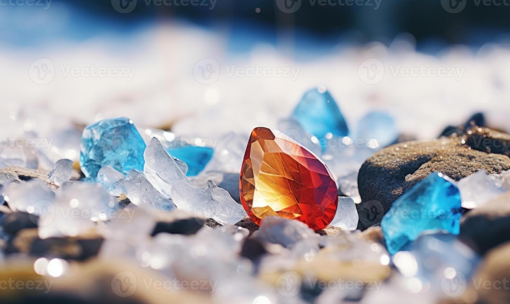 AI generated Colorful stones in the snow on the shore of the lake. photo