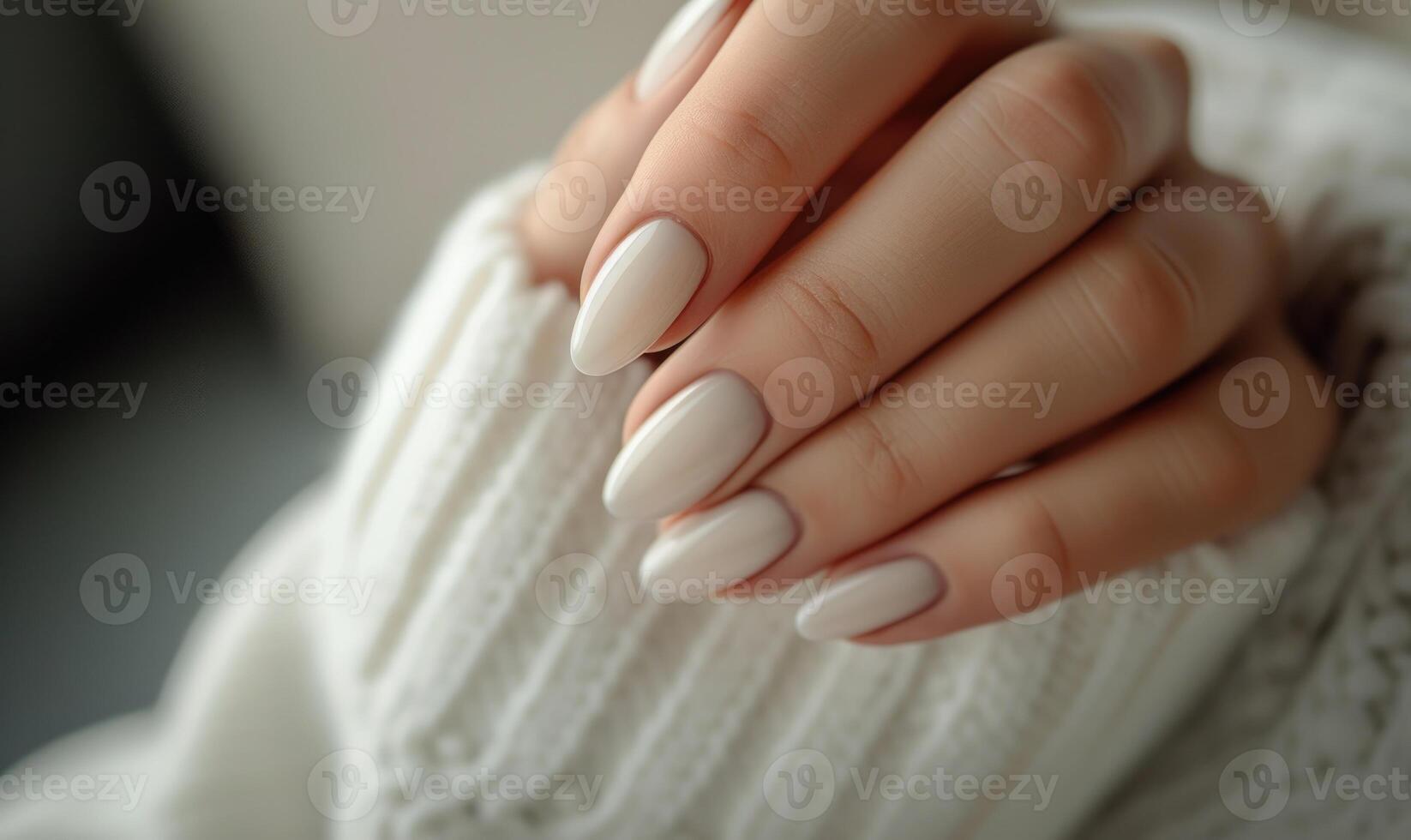 AI generated Female hand with white nail design. Glitter white nail polish manicure. Woman hand with white sweater. photo