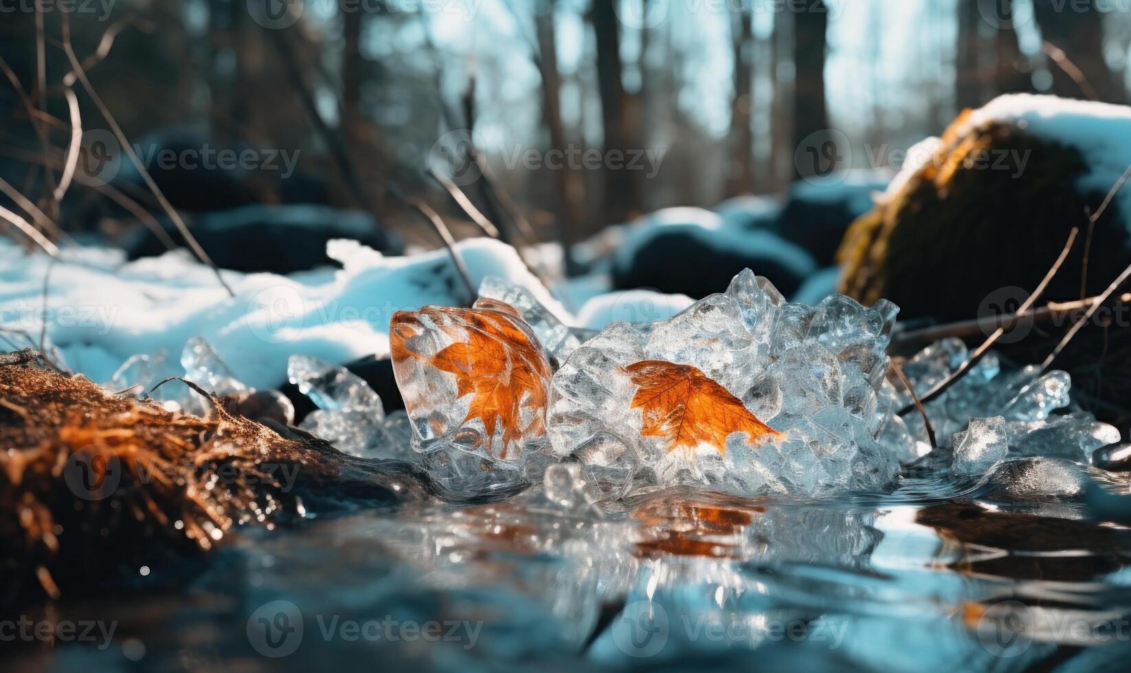 AI generated Fallen leaves in the ice on the river in the winter forest photo