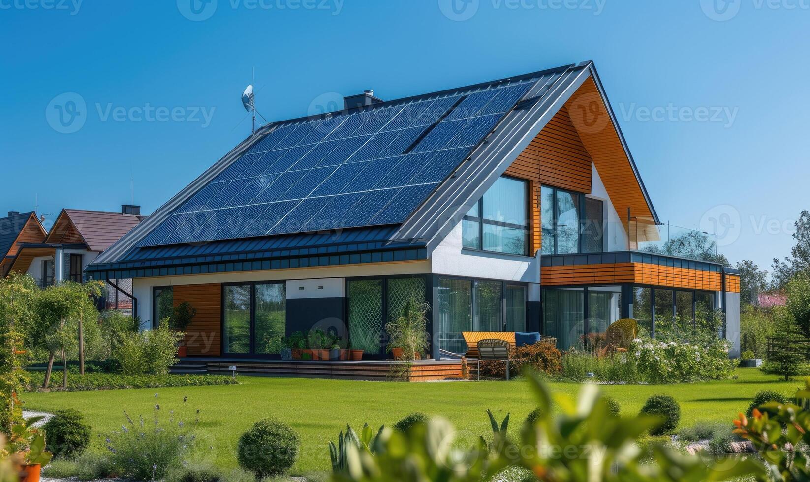 AI generated Modern house with solar panels installed on the roof. Modern house with solar panels installed on the roof. photo