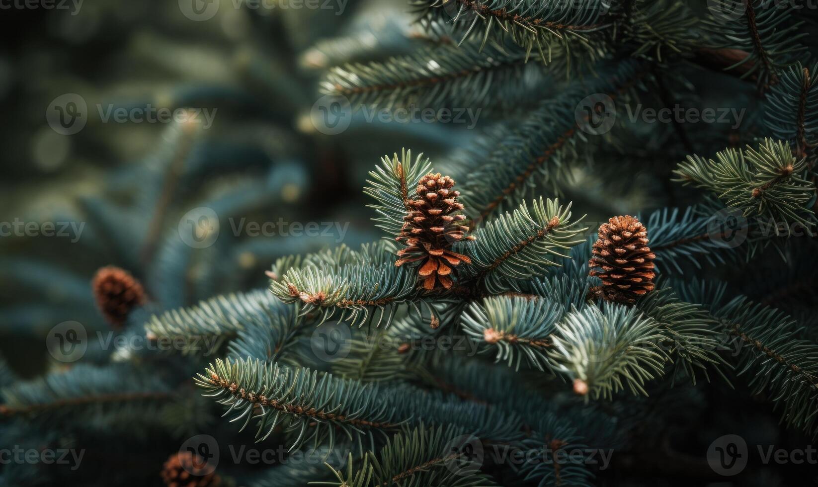 AI generated Spruce branches with cones. Blurred background. photo