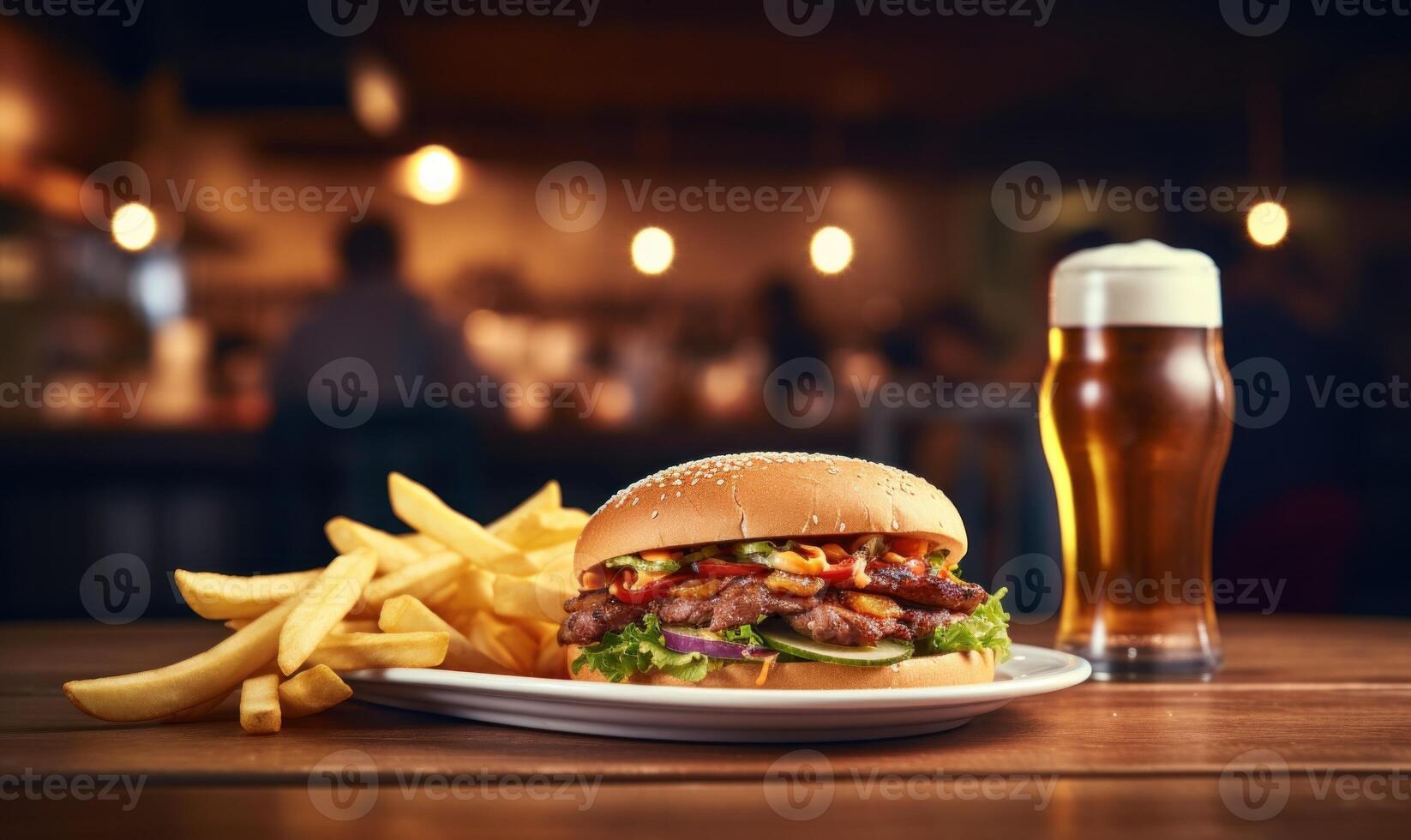 ai generado carne de vaca hamburguesa con francés papas fritas y un vaso de cerveza en un pub foto