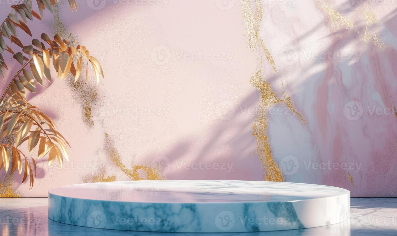 AI generated abstract background with marble podium and pink cherry blossoms photo