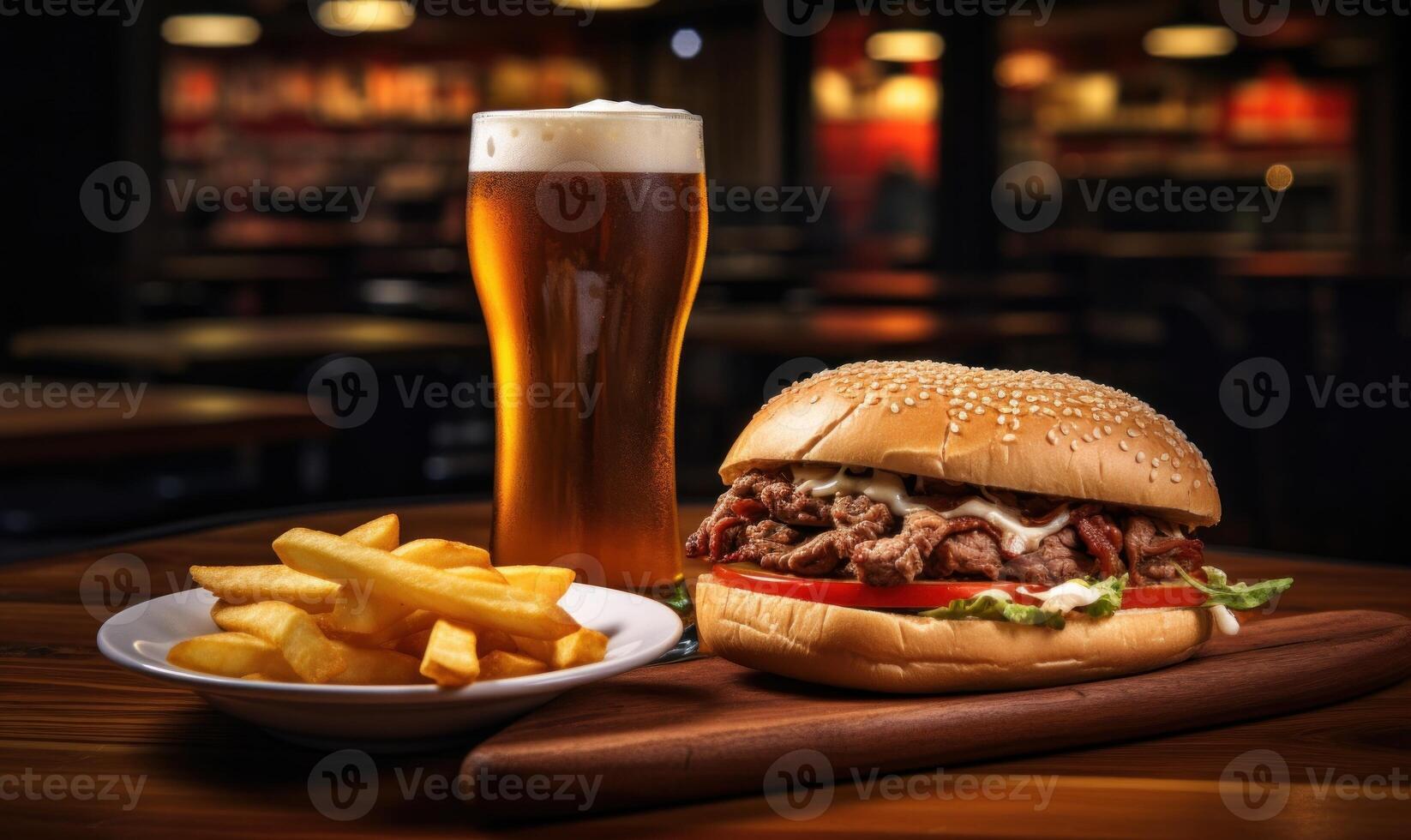 ai generado hamburguesa con un vaso de cerveza en un mesa en un pub foto