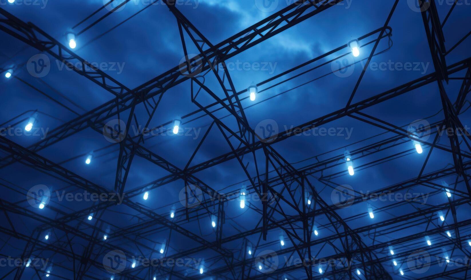 ai generado industrial acero estructura con luces en azul tono con Tormentoso cielo antecedentes foto