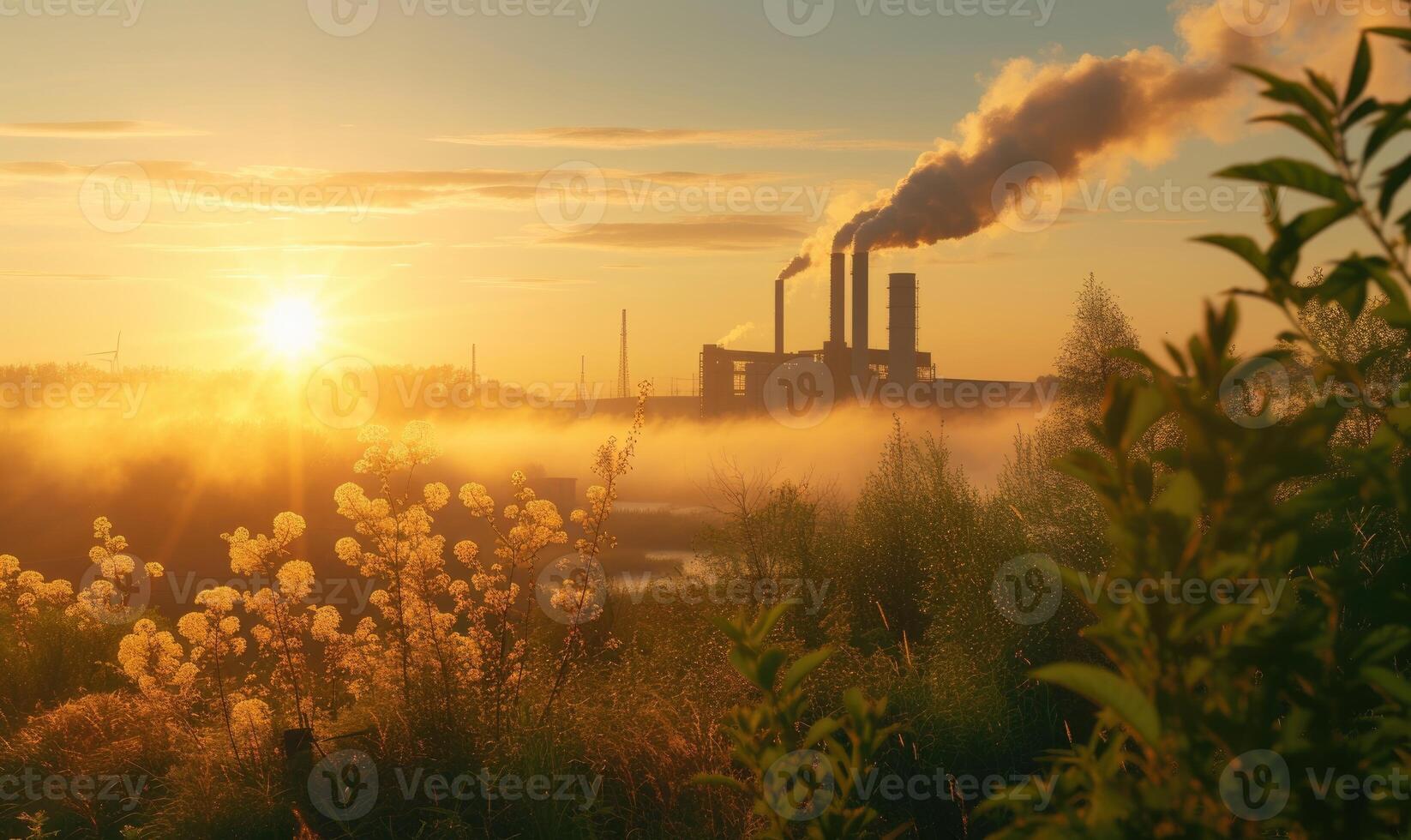 AI generated Industrial landscape with smokestack at sunrise. Energy generation and heavy industry photo