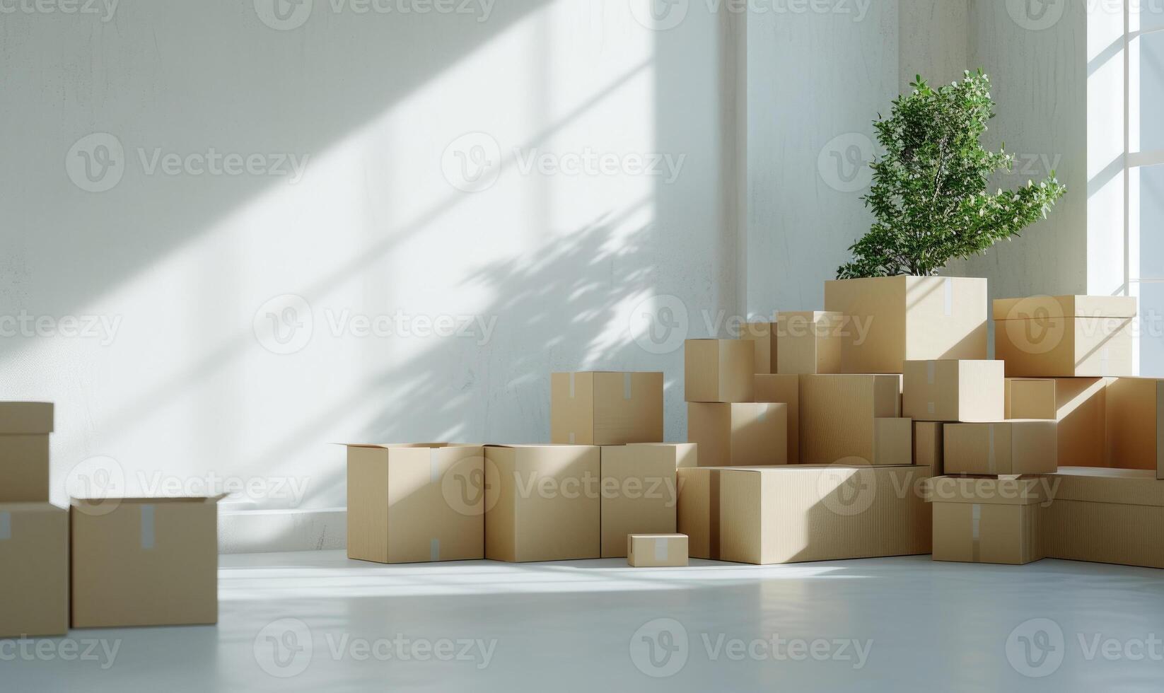AI generated Moving boxes in empty room with green plants. Space for text. Box mockup on white photo