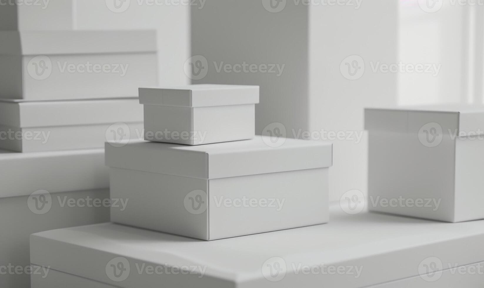 AI generated Stack of cardboard boxes in white room with sunlight. Space for text. Box mockup on white photo