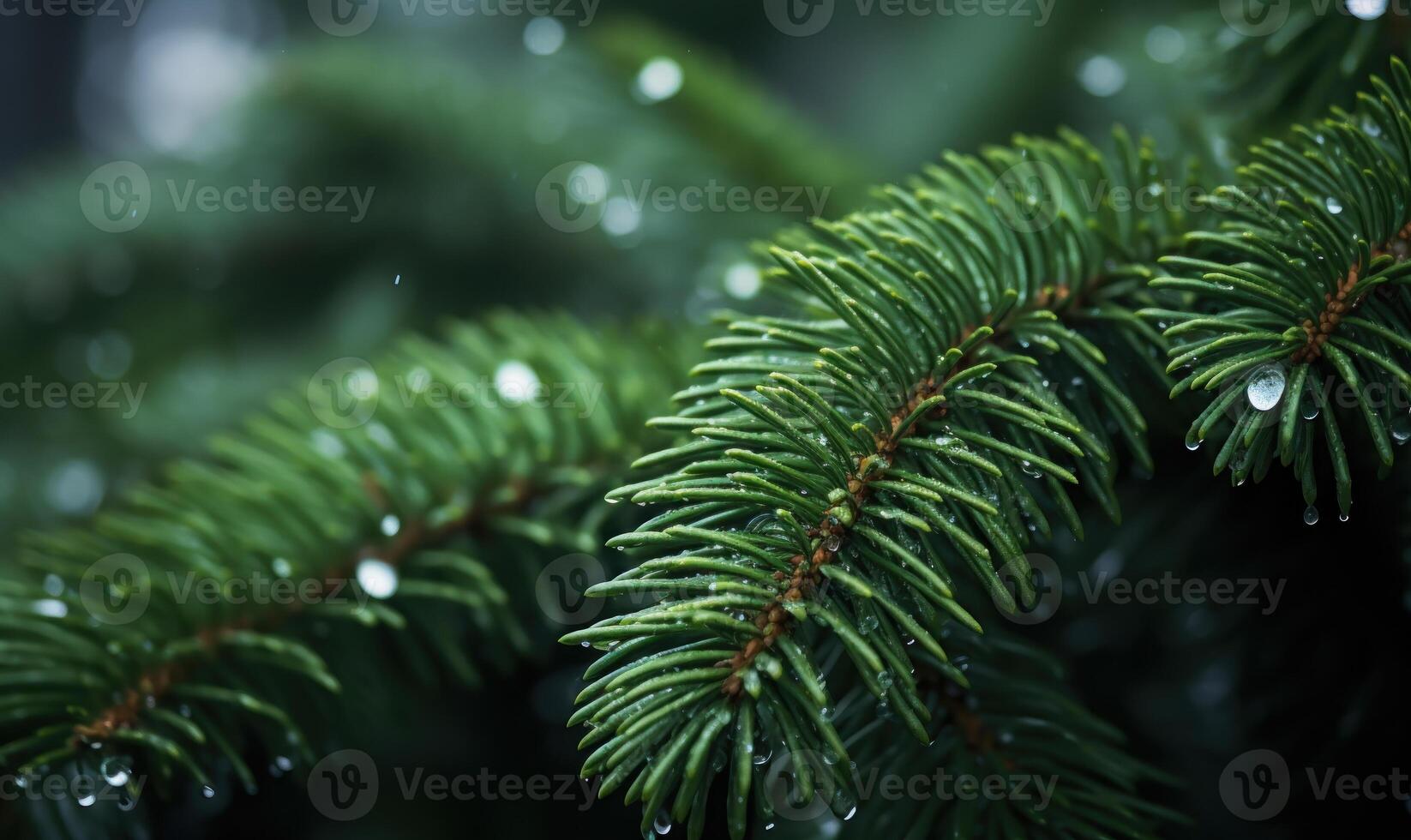 AI generated Fir tree branch with water drops close-up. Natural background photo