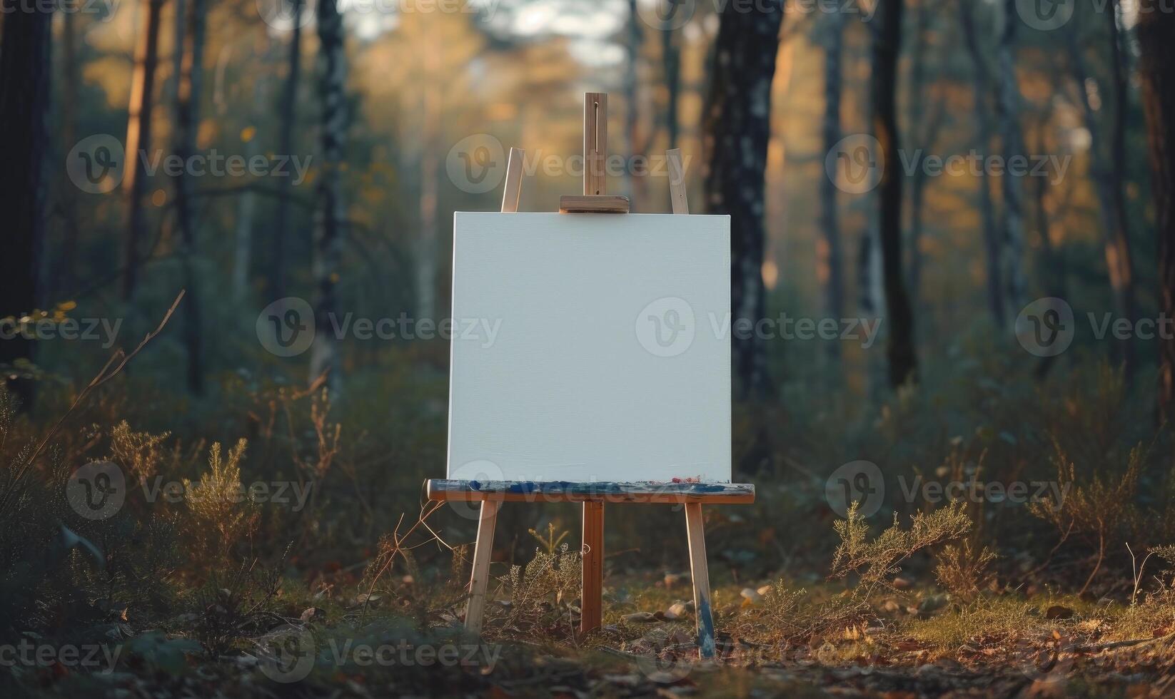 AI generated Wooden easel with blank canvas standing in the autumn forest. photo