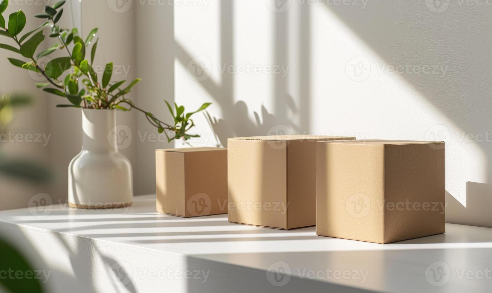 AI generated Cardboard boxes on a white table in a light room with green plants. Boxes mockup photo