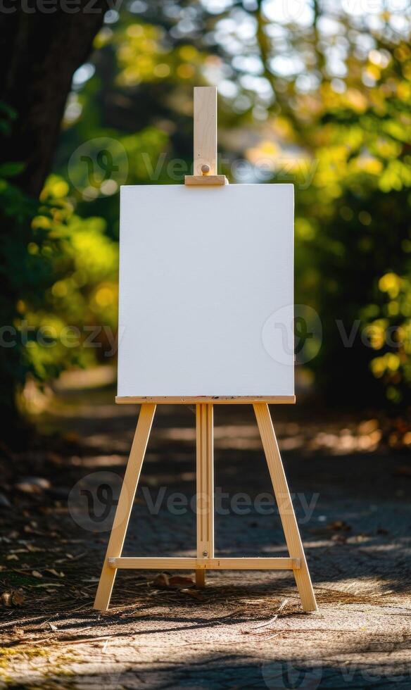 AI generated Wooden easel with blank canvas on nature background. photo