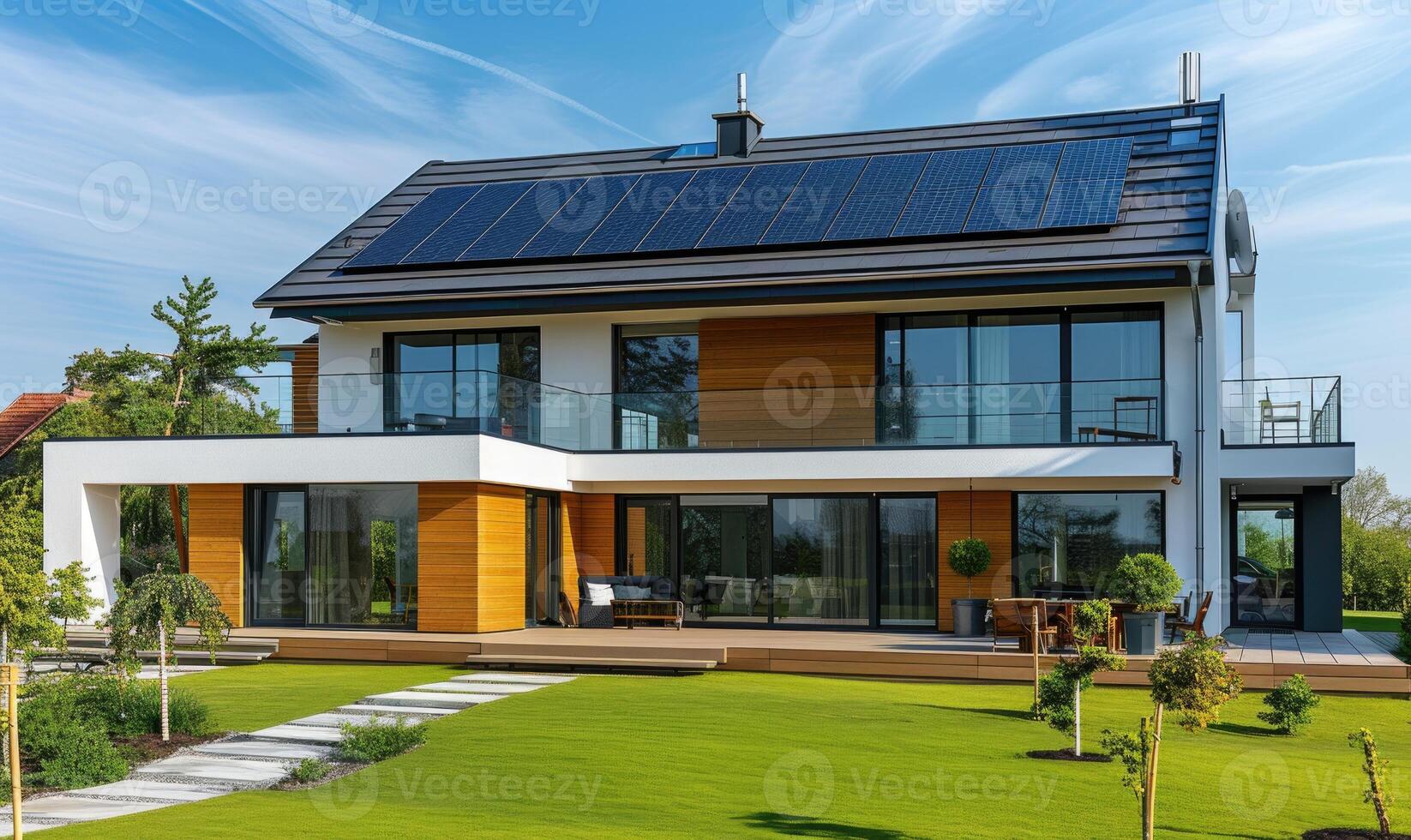 AI generated Modern house with solar panels installed on the roof. Modern house with solar panels installed on the roof. photo