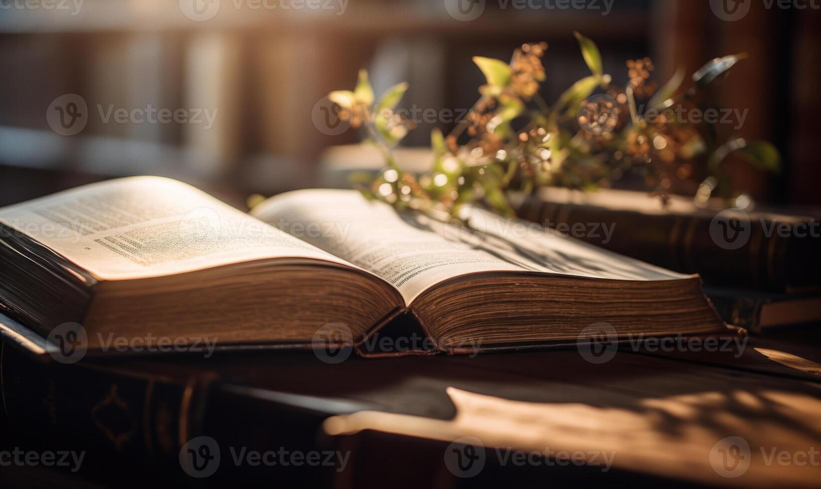 ai generado abierto libro en un de madera mesa, iluminado por el rayos de el Dom foto