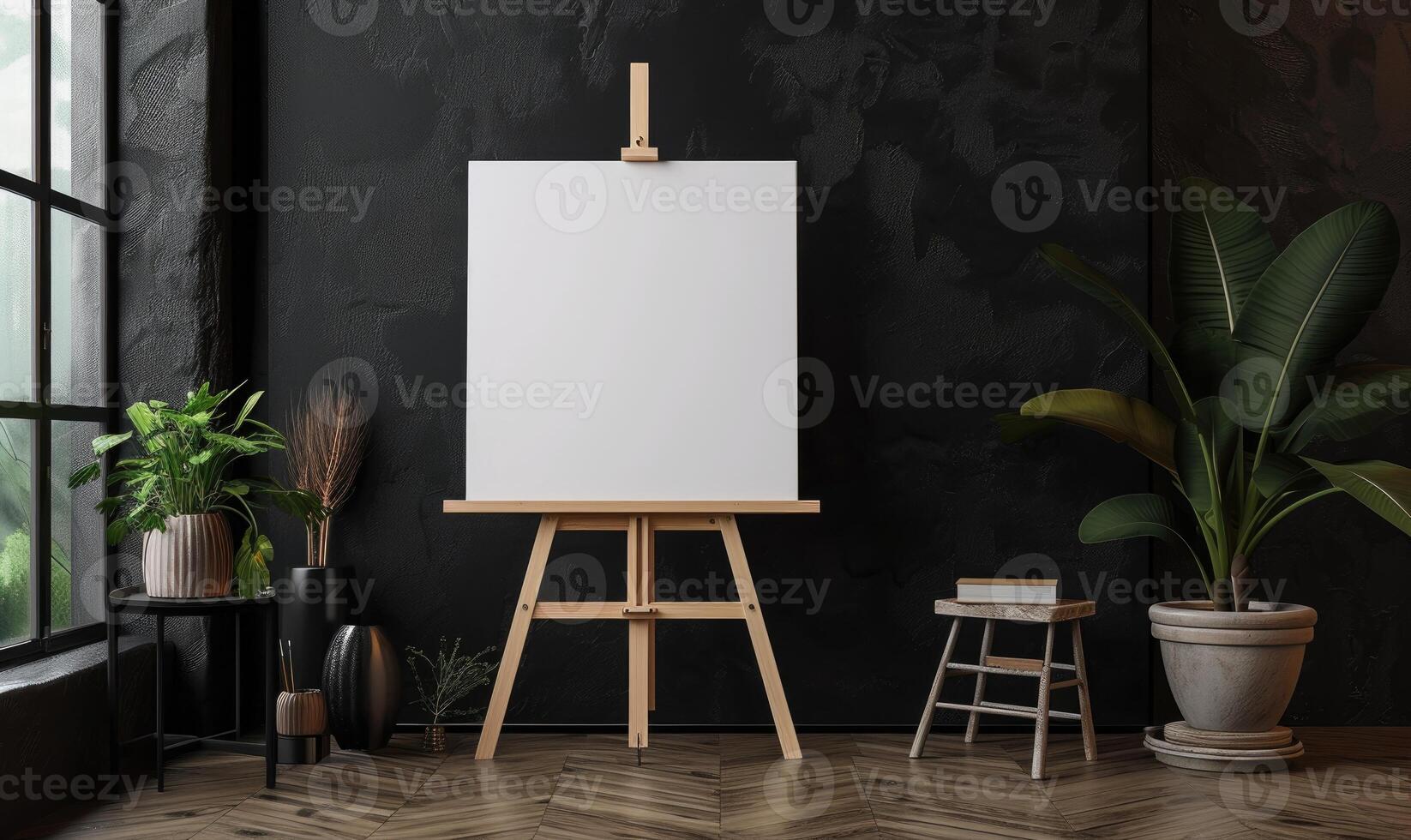 AI generated Wooden easel with blank canvas standing near black wall. Mock up, photo