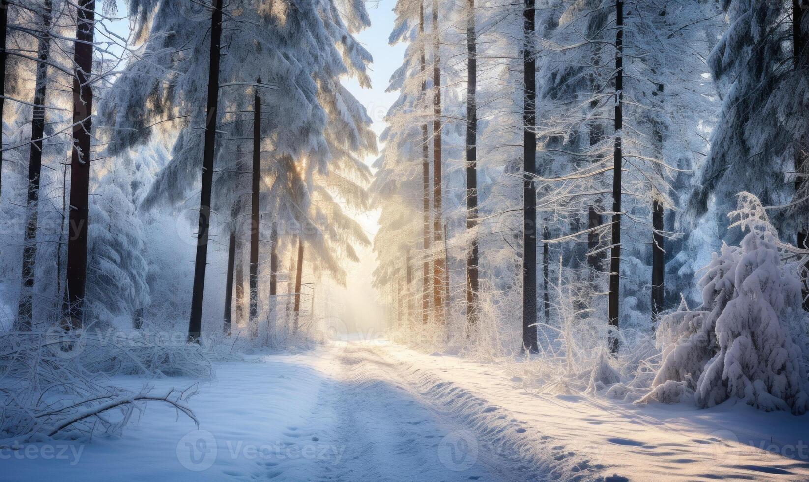 AI generated Beautiful winter landscape with snow covered trees in forest at sunrise. photo