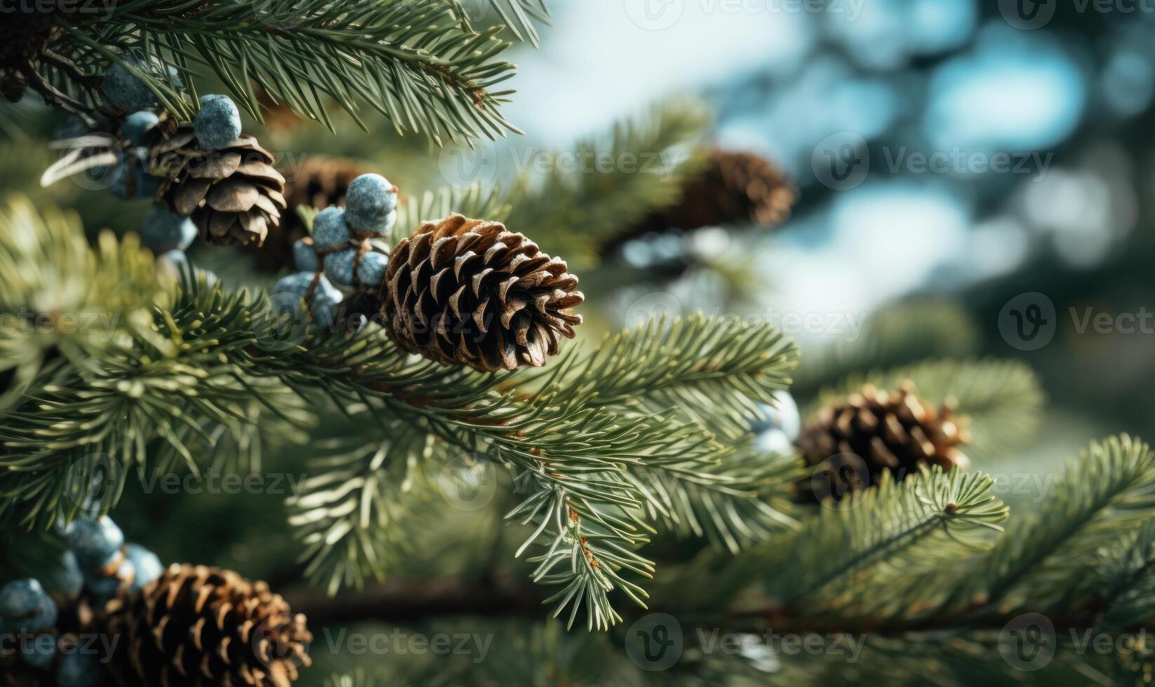 AI generated Spruce branches with cones. Blurred background. photo