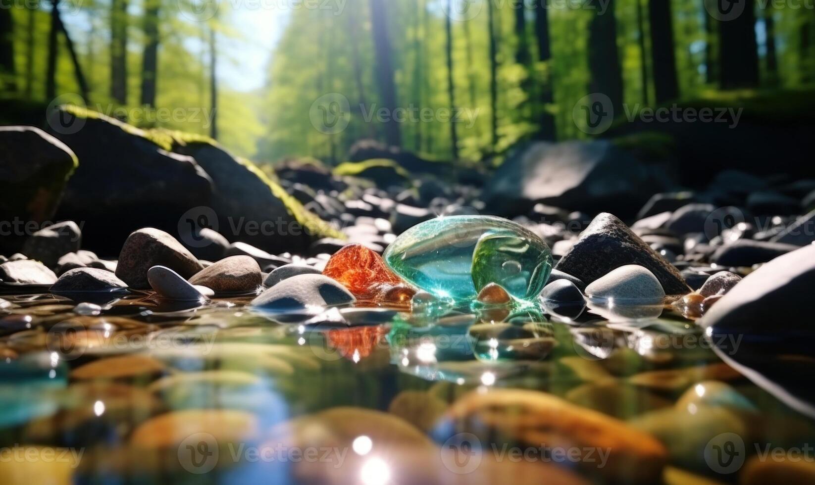 AI generated Frozen water in the forest with ice cubes and pebbles. Early spring landscape photo