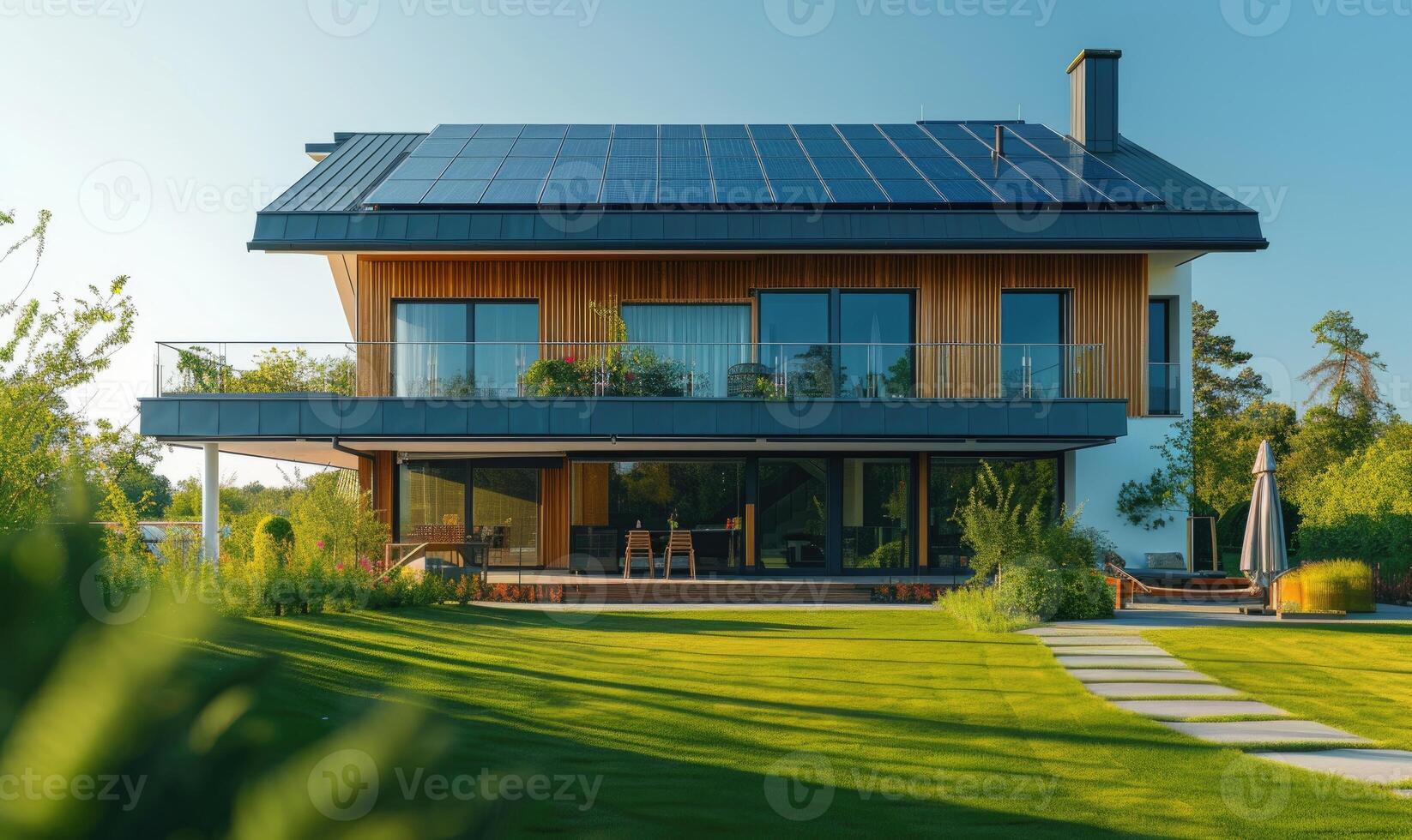 AI generated Modern house with solar panels installed on the roof. Modern house with solar panels installed on the roof. photo