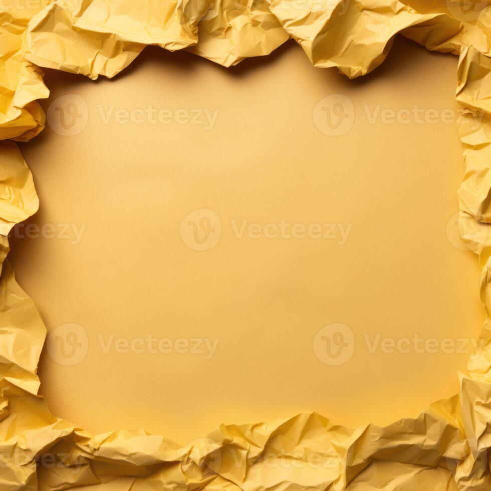 AI generated Yellow creased crumpled paper background grunge texture backdrop. photo