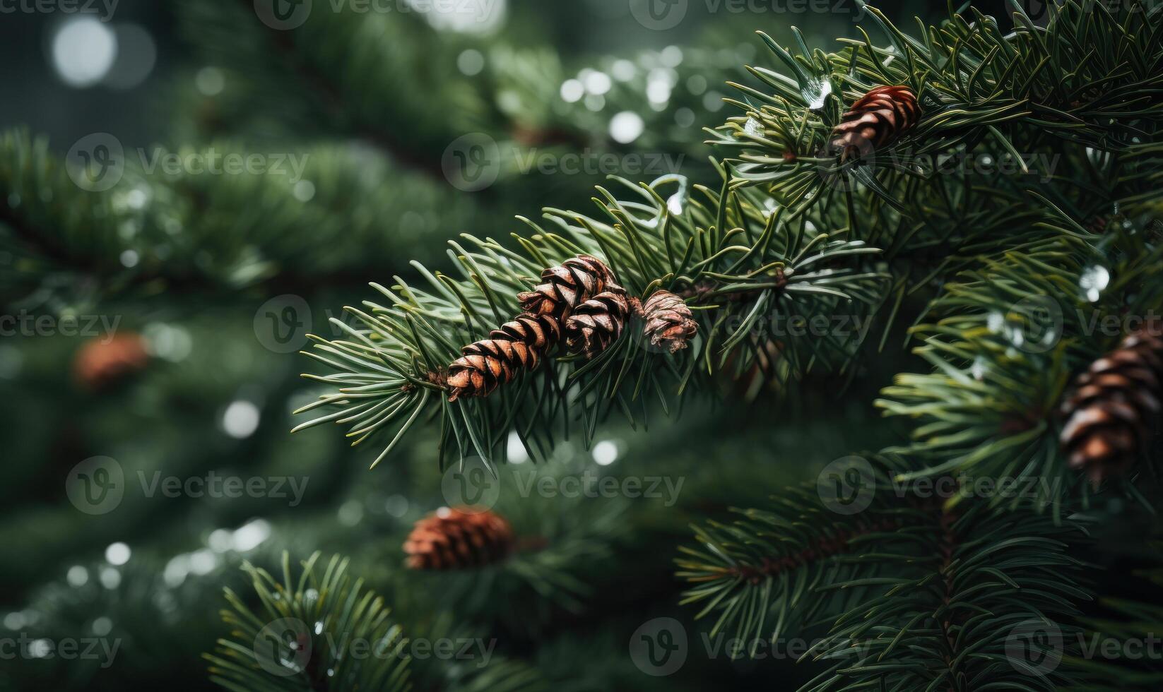 AI generated Spruce branches with cones and red berries. Blurred background. photo