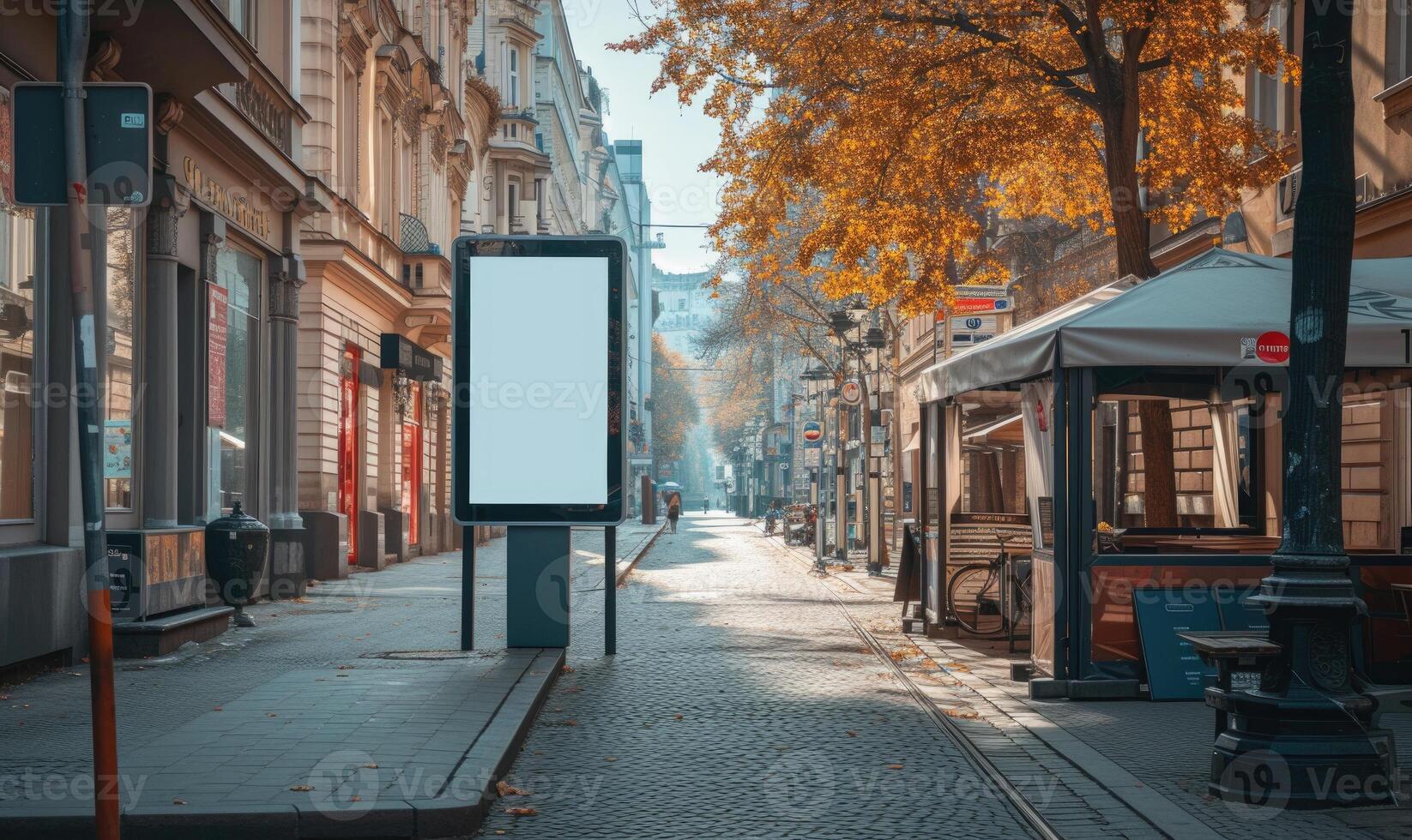 AI generated Blank street billboard on city street. Mock up of vertical advertising stand in the street photo