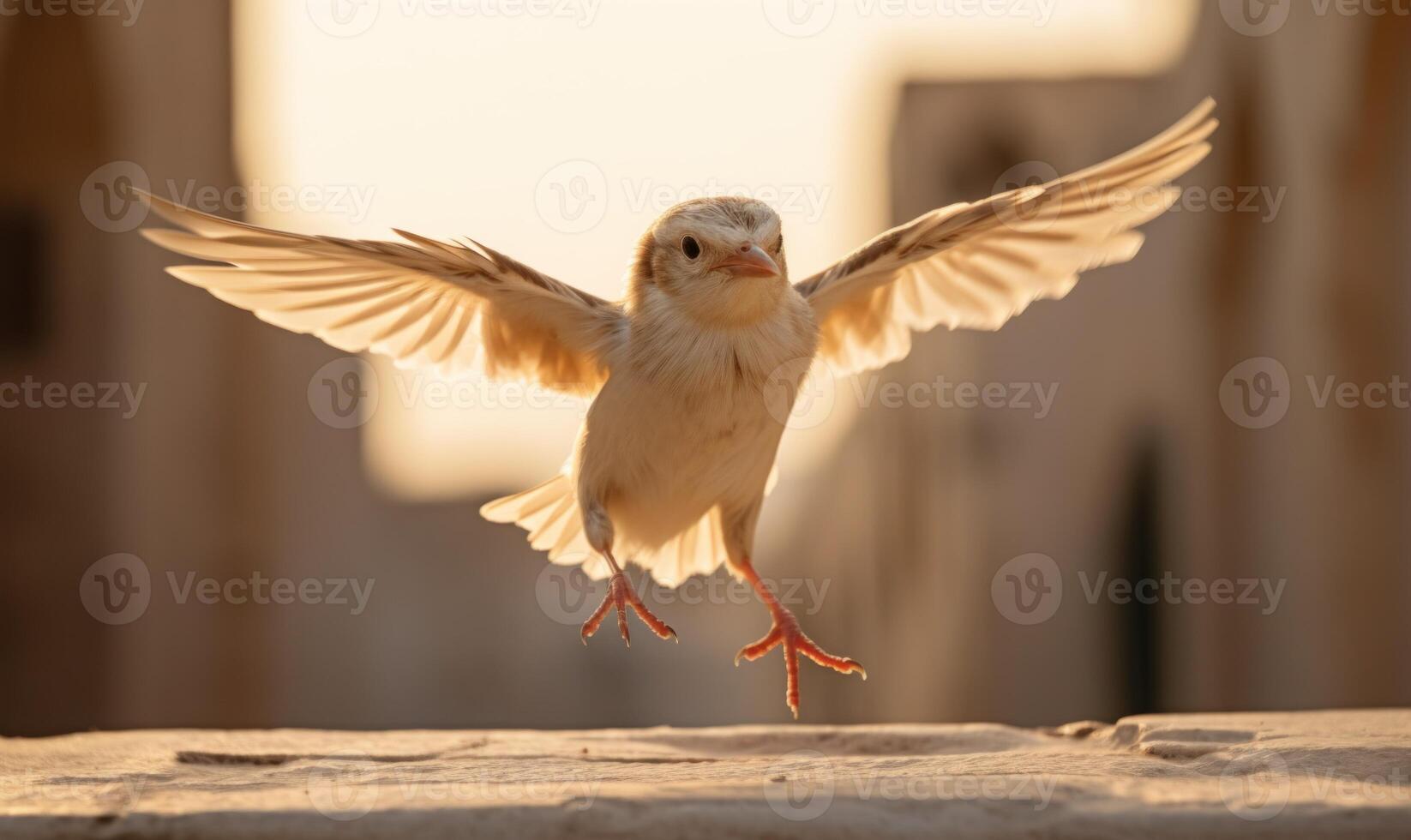 AI generated A bird flying along an urban street, illuminated by warm sunlight photo