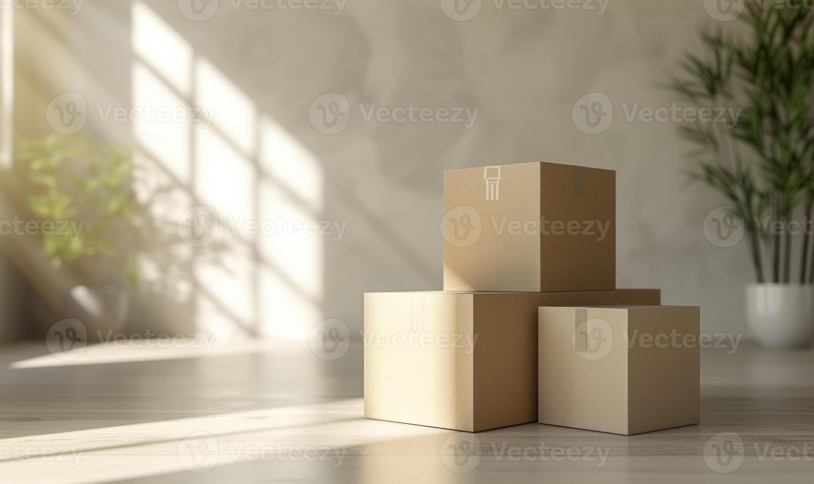 AI generated Stack of cardboard boxes in white room with sunlight. Space for text. Box mockup on white photo