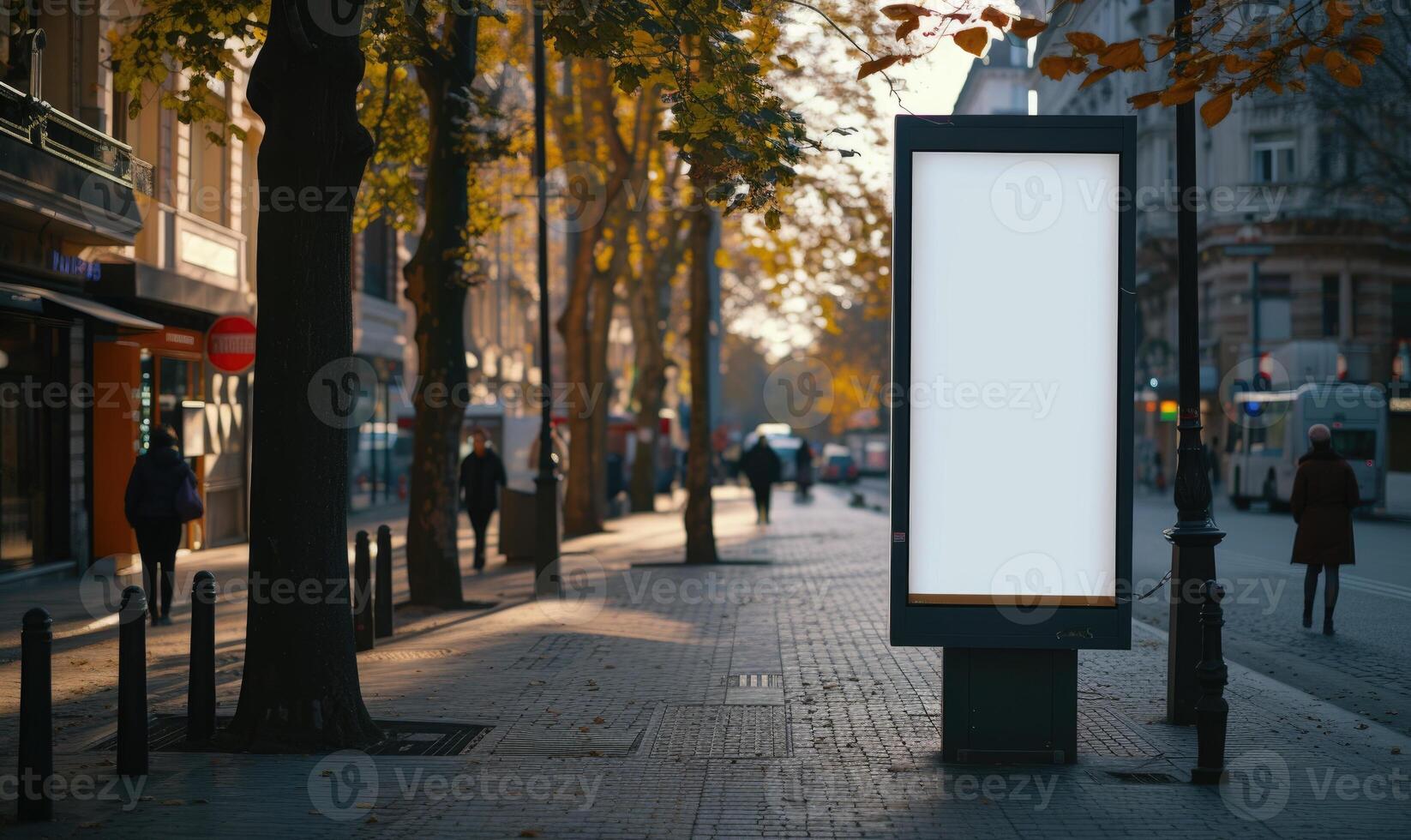 AI generated Blank street billboard on city street. Mock up of vertical advertising stand in the street photo