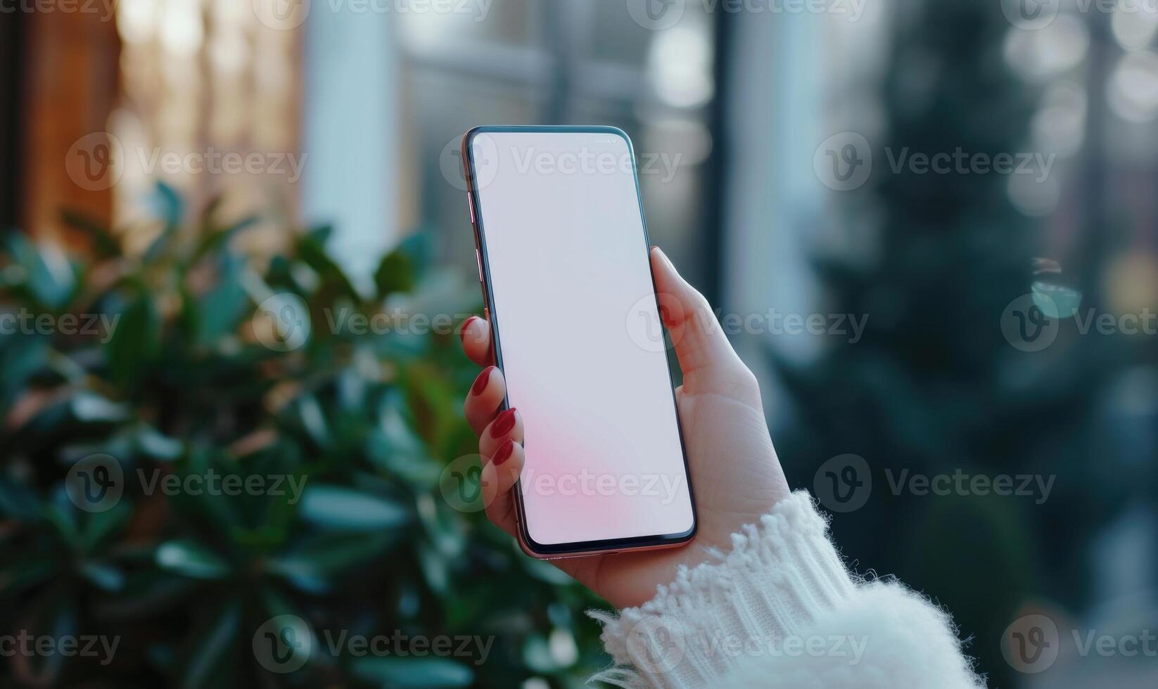 AI generated Mockup image of female hands holding smartphone with blank white screen photo