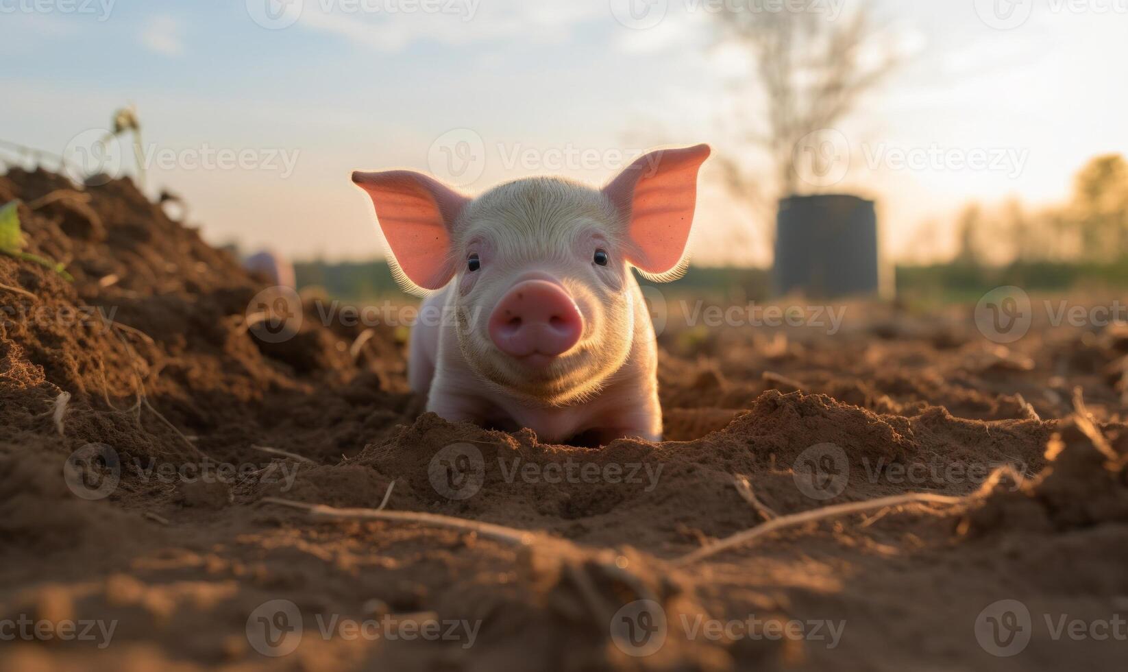 AI generated Cute little piglet on a farm at sunset. Concept of agriculture and farming. photo